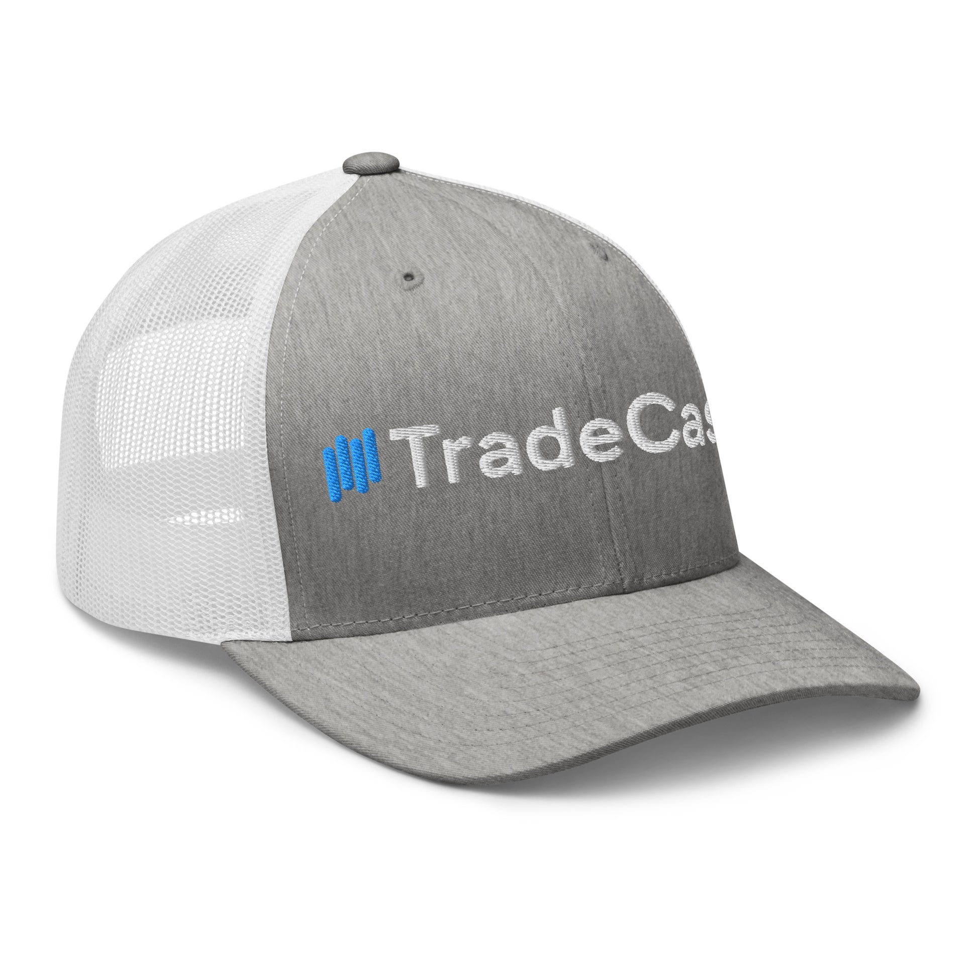 Angled close of heather gray trucker cap, blue bars and white "TradeCaster" text