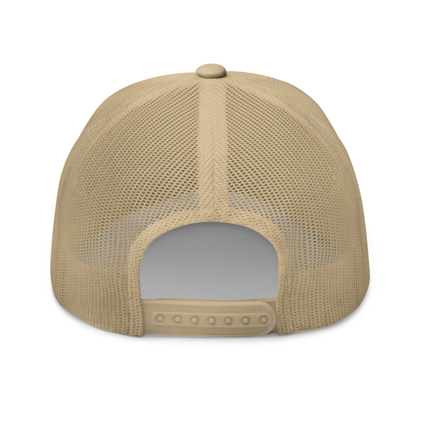 Back view of caramel trucker cap with mesh panels, snap closure, and low-profile structured shape