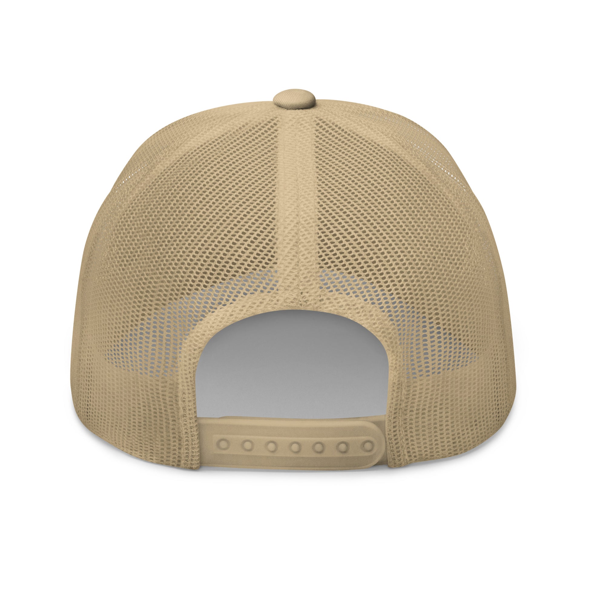 Back view of caramel trucker cap with mesh panels, snap closure, and low-profile structured shape