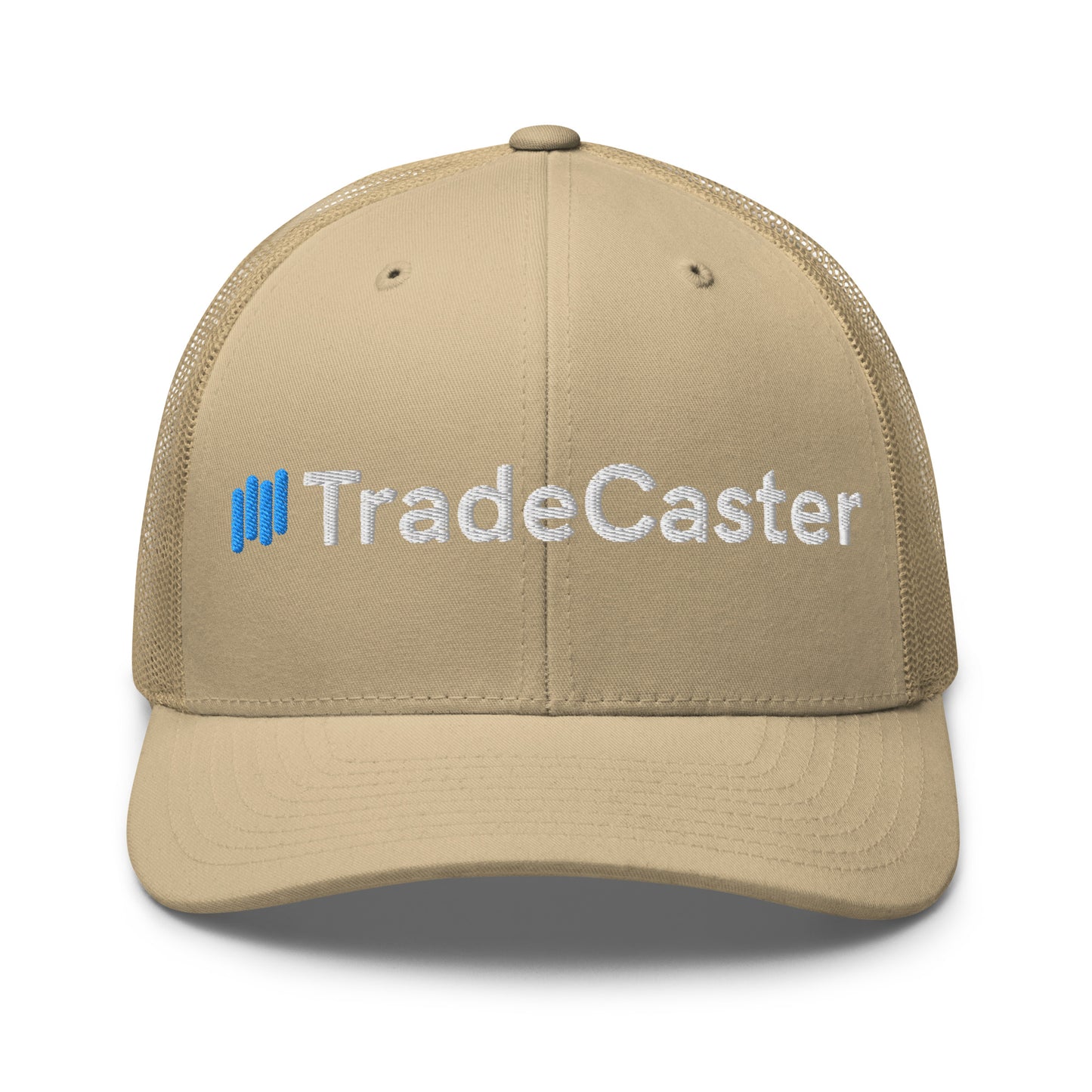 Front view of caramel TradeCaster trucker cap, 3D puff white embroidery with blue accents on front panels, mesh back