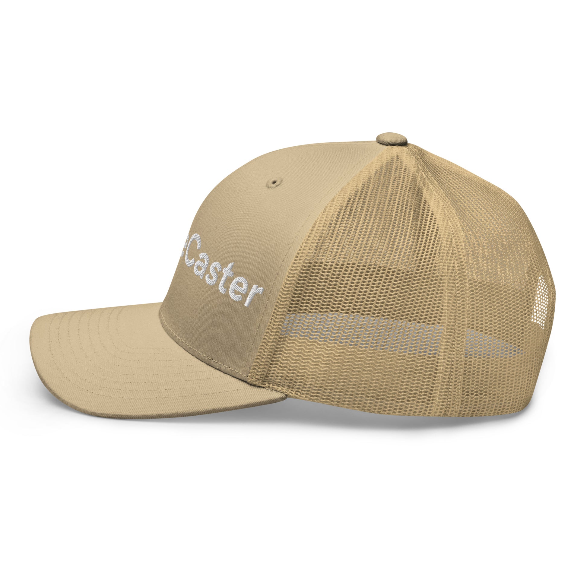 Three-quarter front view of caramel TradeCaster trucker cap showing full "||TradeCaster" embroidery