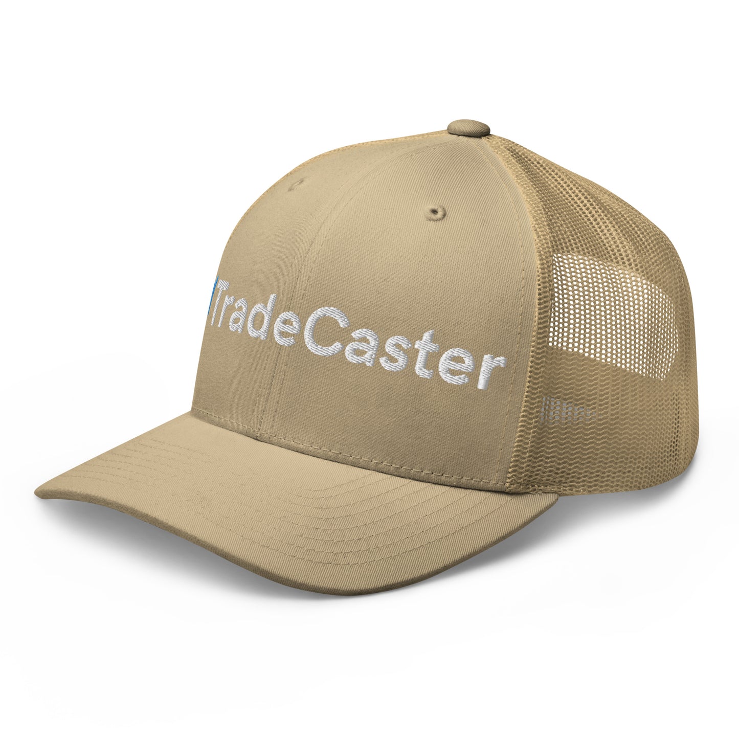 Right side view of caramel TradeCaster trucker cap, partial "Caster" embroidery and curved visor