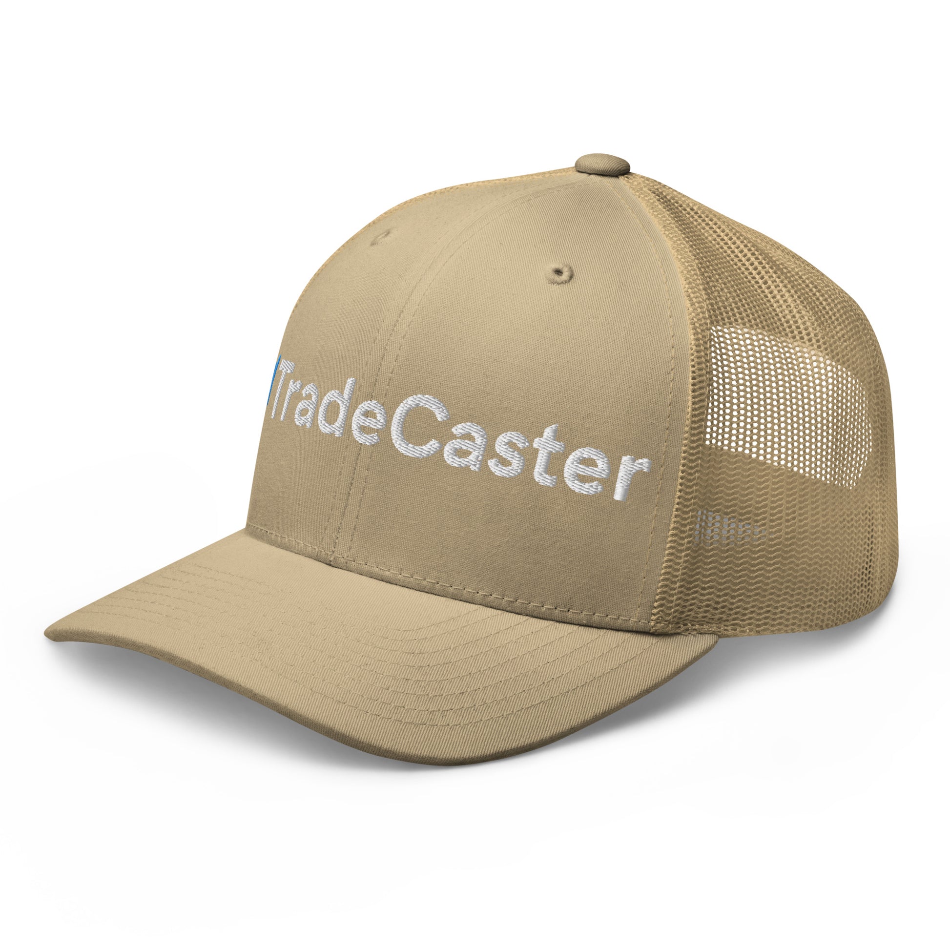 Left side view of caramel trucker cap with "Trade" 3D puff embroidery detail, mesh back