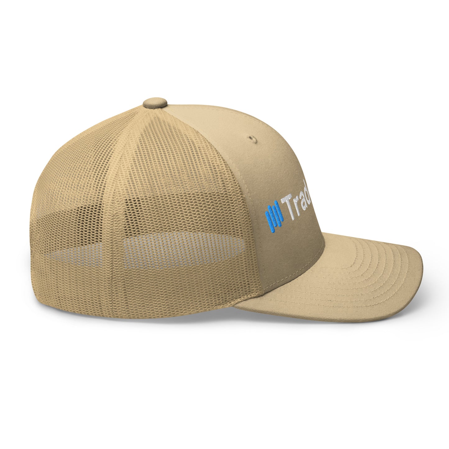 3/4 front-right on caramel TradeCaster trucker cap, full 3D puff white lettering with blue highlights