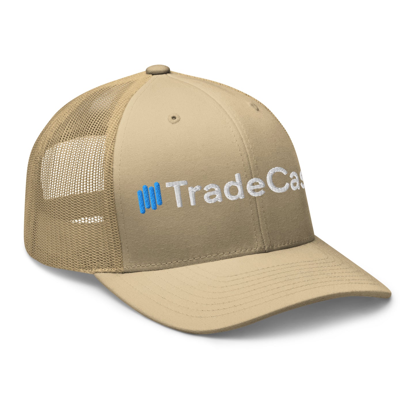 Left side view of caramel TradeCaster trucker cap, partial "Trade" embroidery on structured front