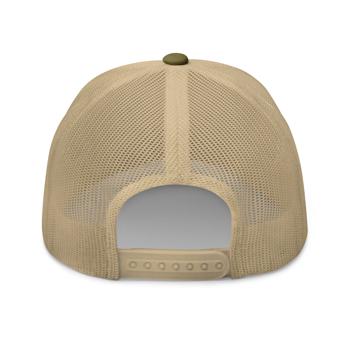 Back view of tan mesh trucker cap, snap closure and brown top button keeping it classic