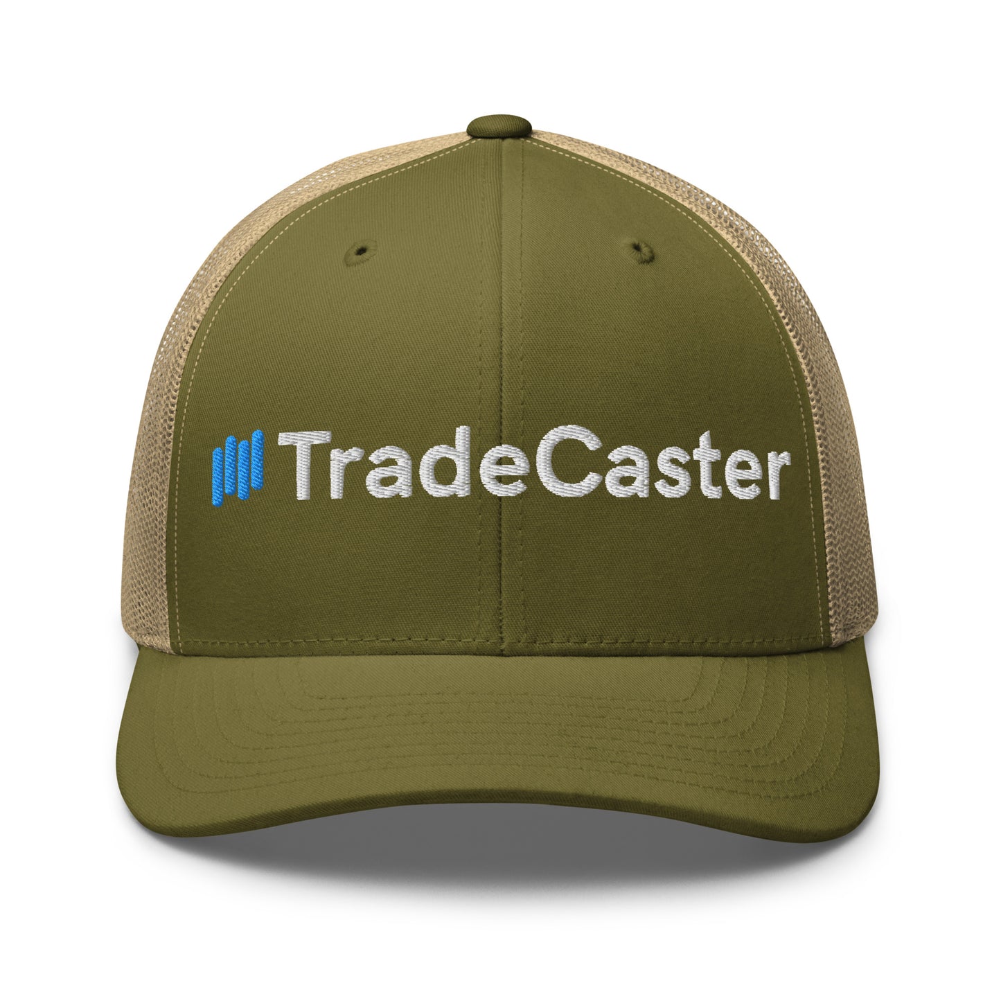 Front-left angle on olive green TradeCaster trucker cap, tan mesh back, crisp blue icon and white text embroidery