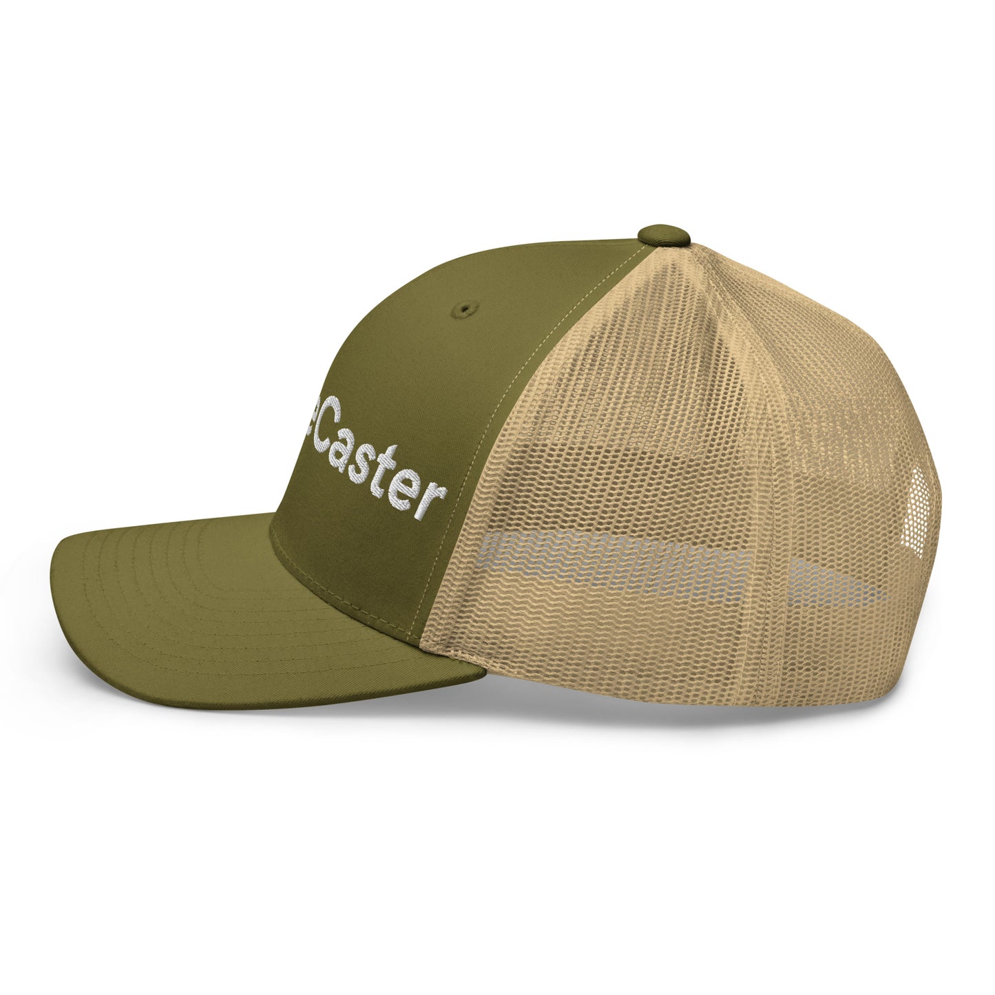 Right side view of moss green and khaki TradeCaster 3D puff embroidered trucker cap, curved visor
