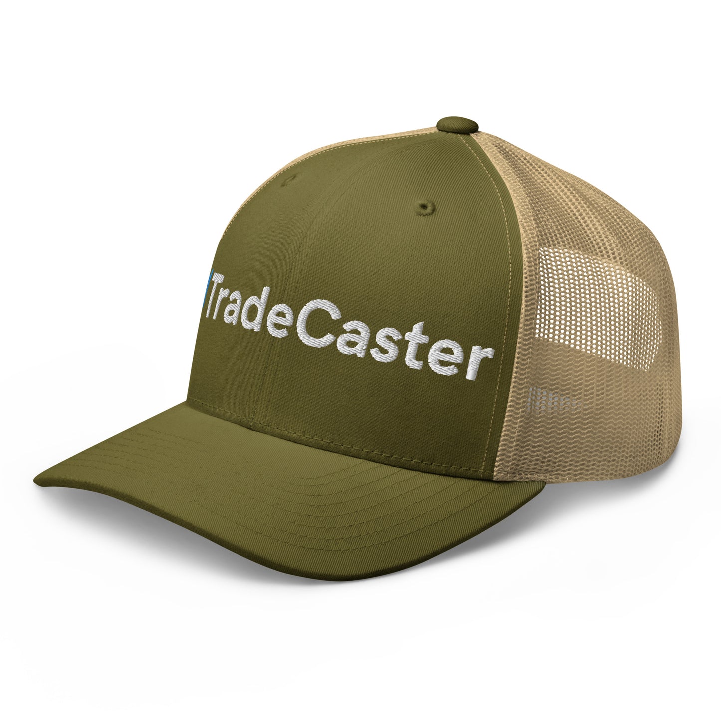 Angled front of olive green TradeCaster trucker cap, tan mesh, blue bars white embroidery stealing the show