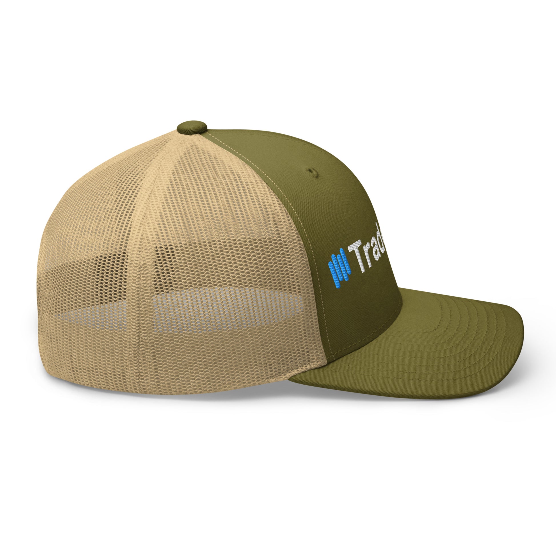 Left side profile of moss green TradeCaster trucker cap with khaki mesh back and structured fit