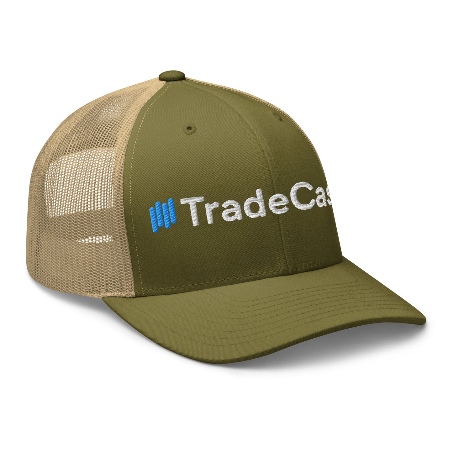 Top-front angle of moss green 3D puff "||TradeCaster" trucker cap with khaki mesh panels