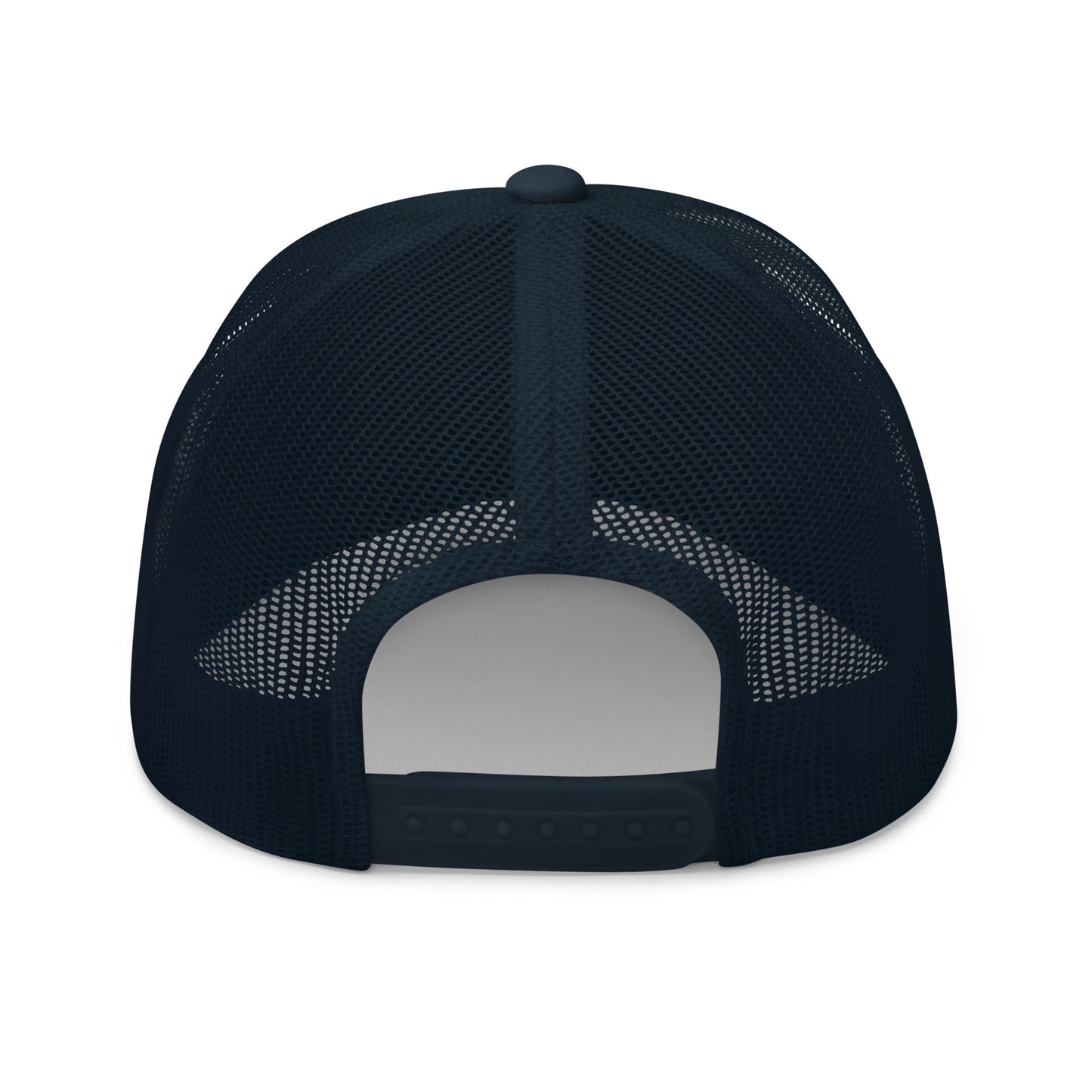 Back view of navy trucker cap with dark mesh panels and white plastic snap closure, mid-profile crown