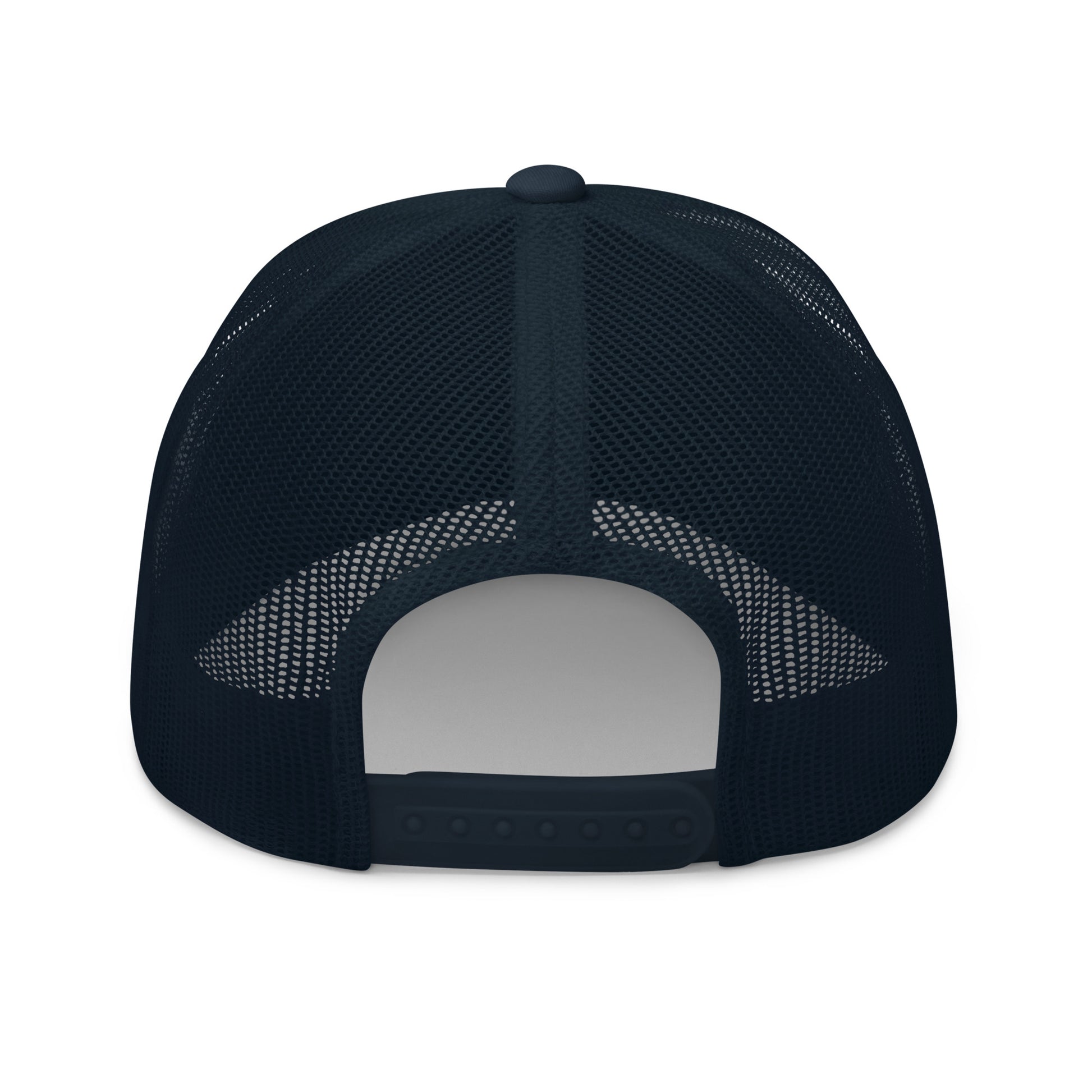 Back view of navy trucker cap with dark mesh panels and white plastic snap closure, mid-profile crown