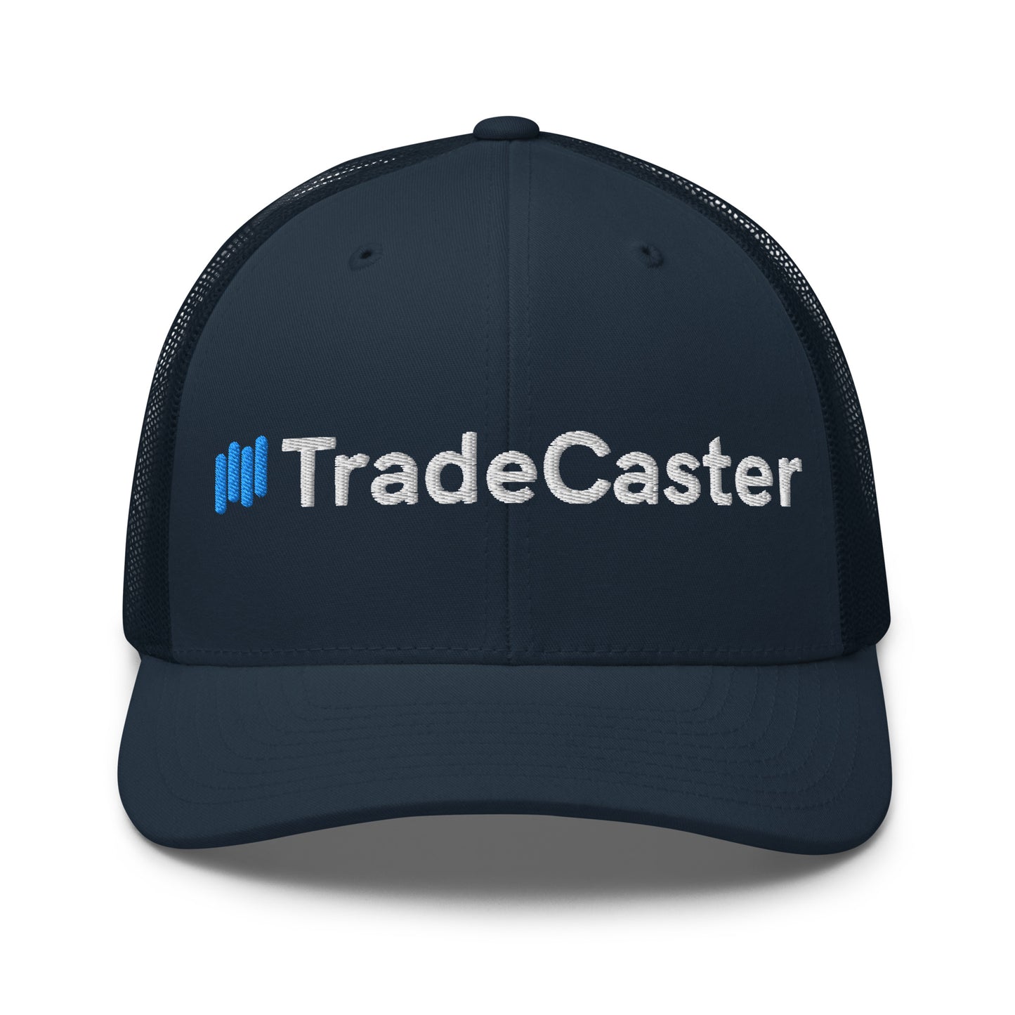 Front view of black TradeCaster trucker cap with white "||TradeCaster" embroidery and blue bars, mesh back