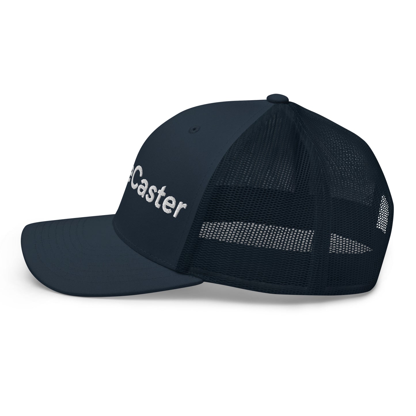 Front angle navy TradeCaster trucker cap, black mesh back, blue icon white embroidery dialed in