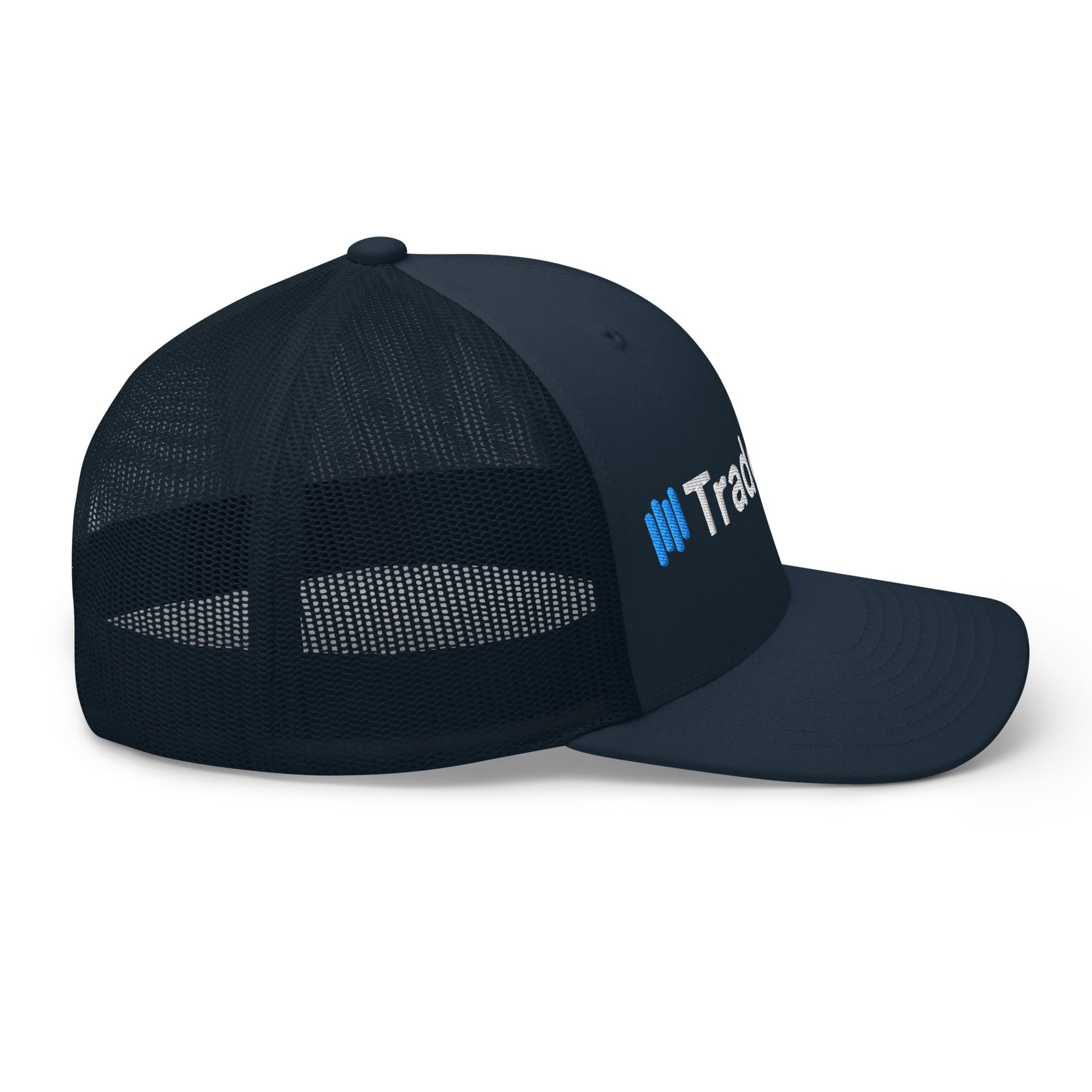 Left side profile of navy TradeCaster trucker cap, blue bar and white embroidery detail, dark mesh
