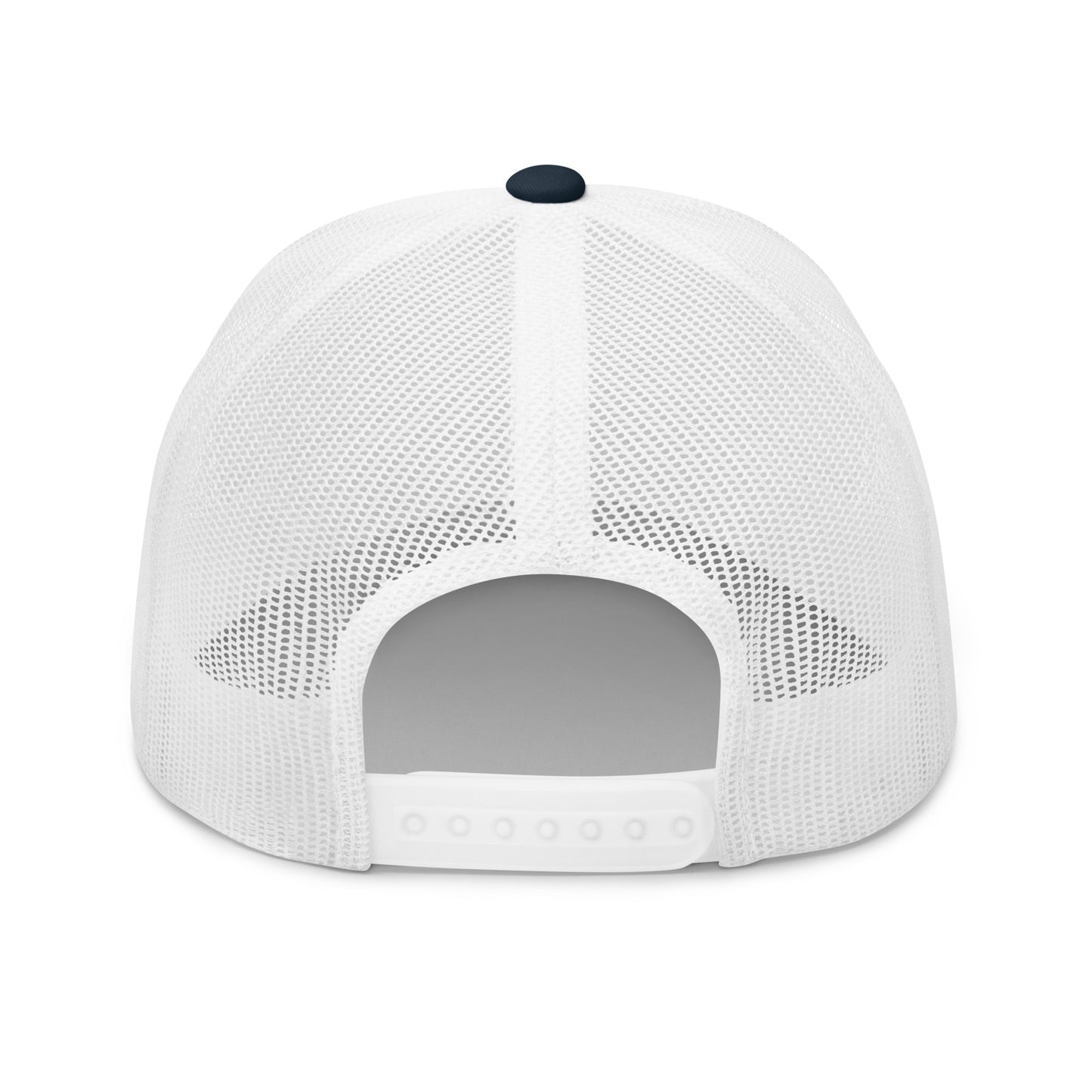 Back view of navy TradeCaster trucker cap, white mesh panels and dark top button