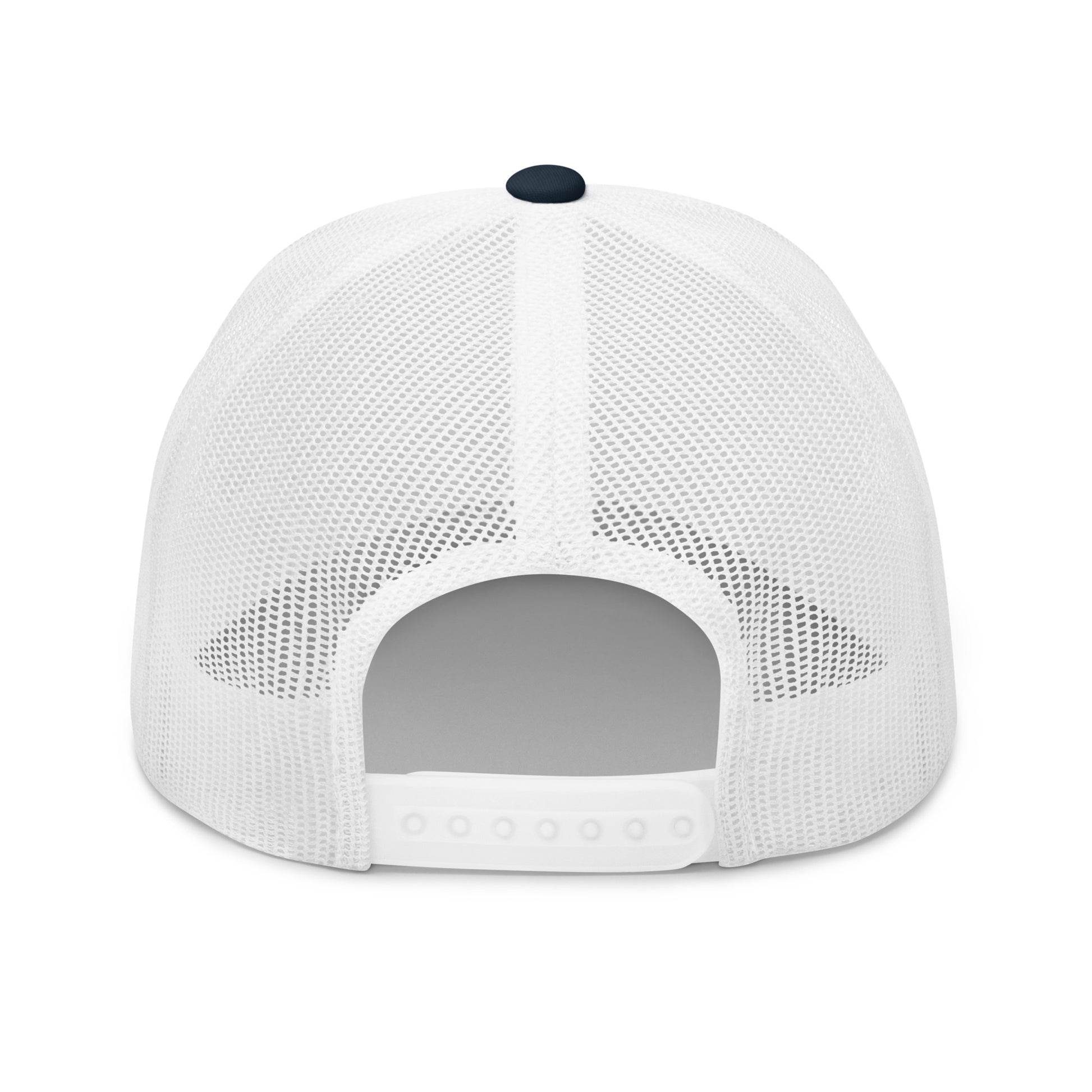 Back view of navy TradeCaster trucker cap, white mesh panels and dark top button