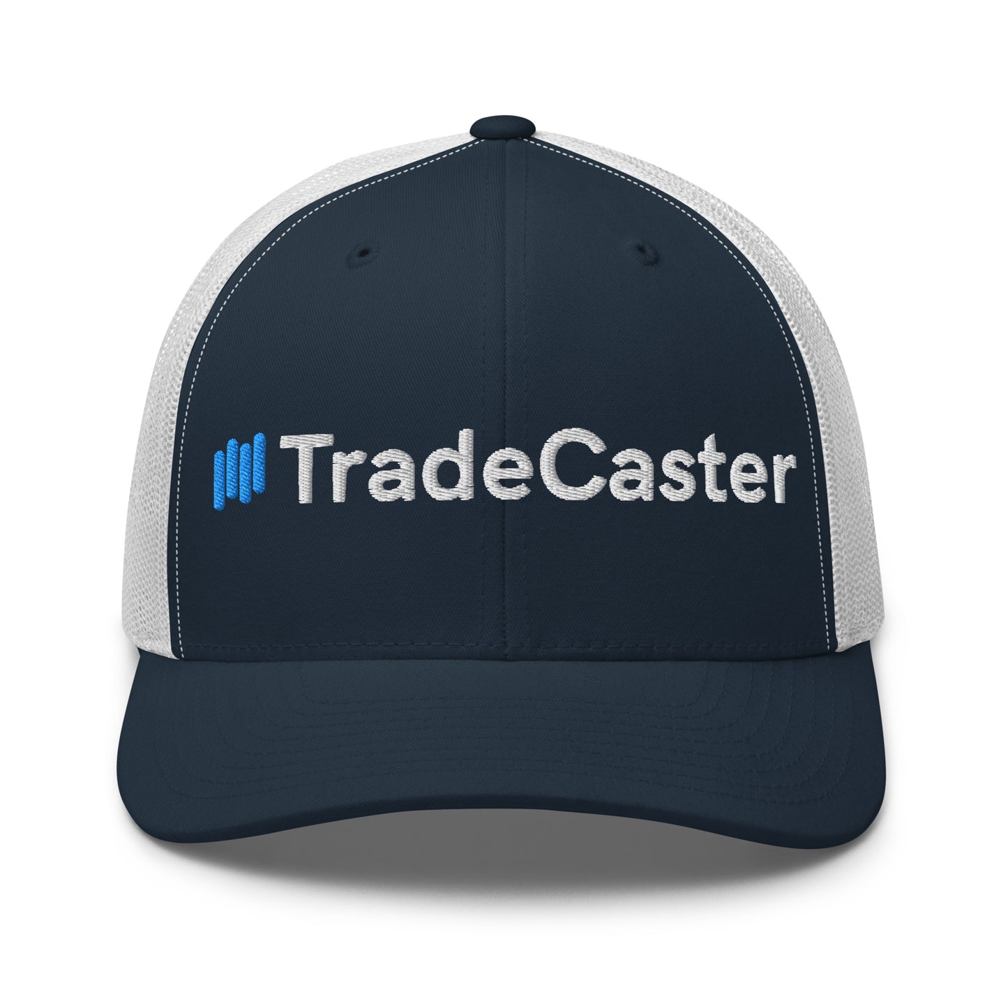 Front view of navy trucker cap with white/blue |||TradeCaster embroidery popping