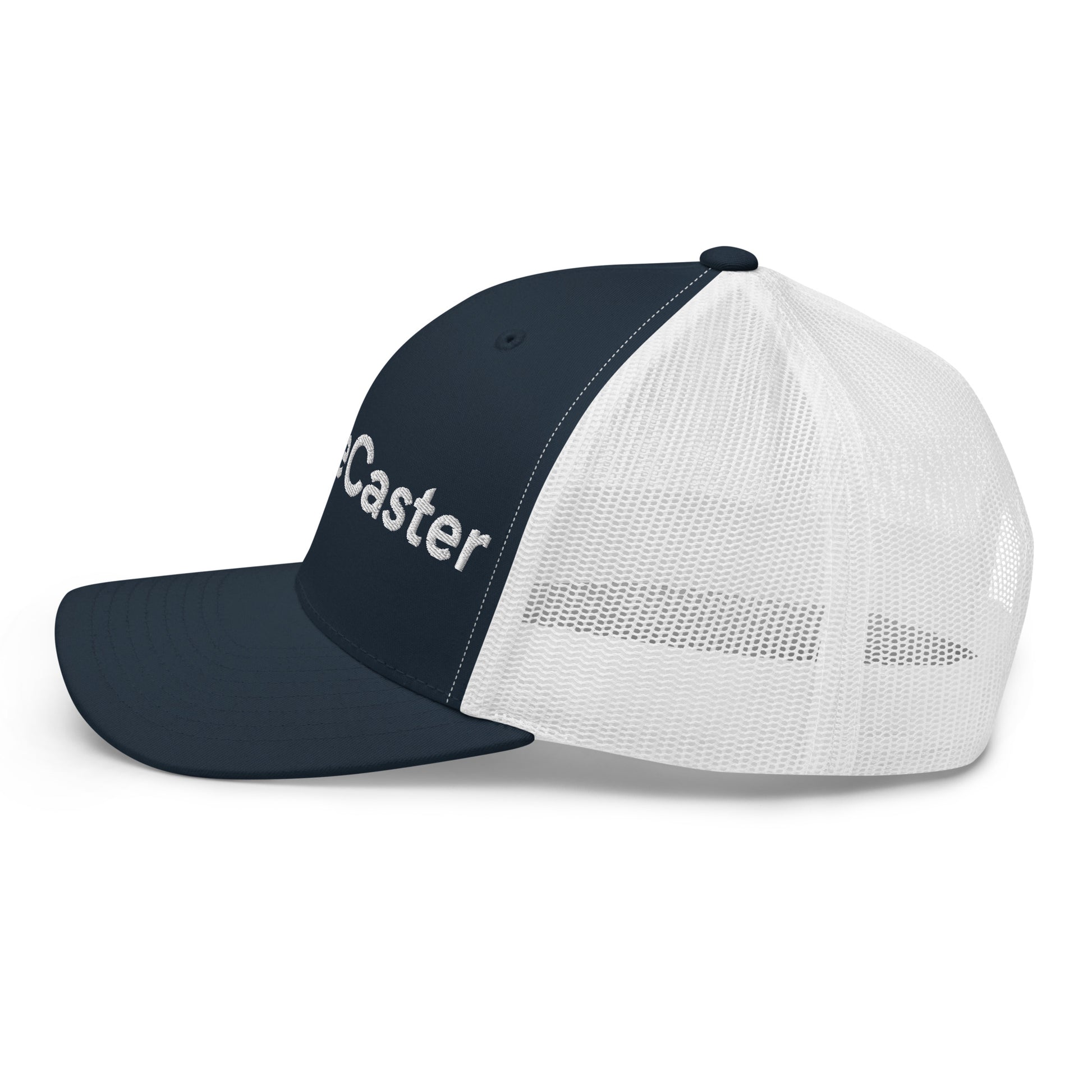 Side angle showing white "TradeCaster" 3D puff embroidery on navy front, white mesh back