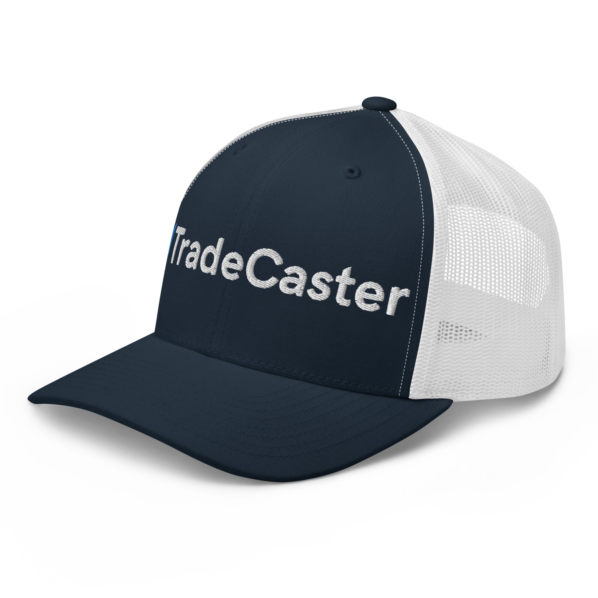 Right side profile of navy/white TradeCaster trucker cap, curved bill and mesh
