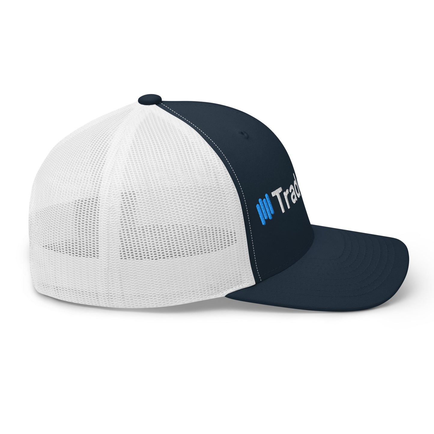 3/4 front-right view of navy/white mesh trucker cap, bold white 3D puff "TradeCaster" logo
