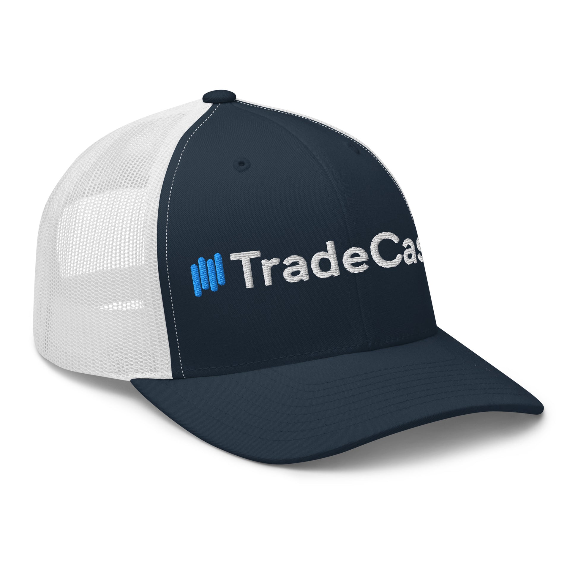 Angled side-front of navy TradeCaster cap with |||TradeCaster embroidery in white/blue
