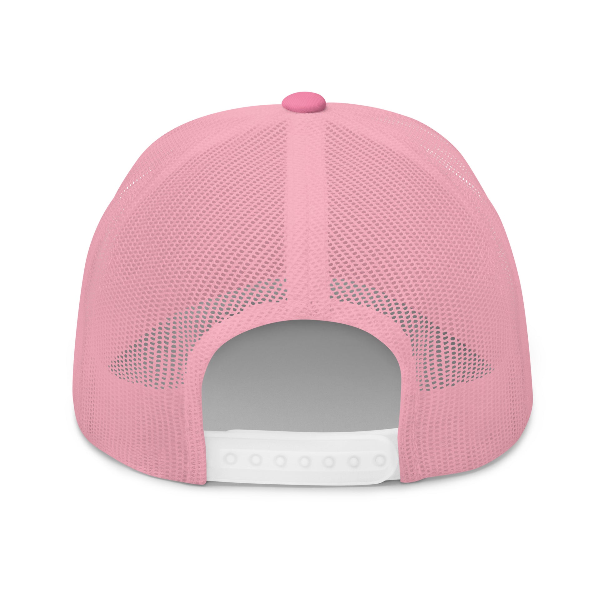 Back view of pink mesh TradeCaster trucker cap with pink top button and snap closure