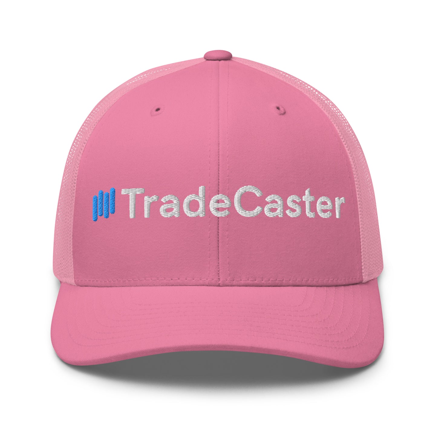 Angled side view of caramel TradeCaster trucker cap with "TradeCas" embroidery visible