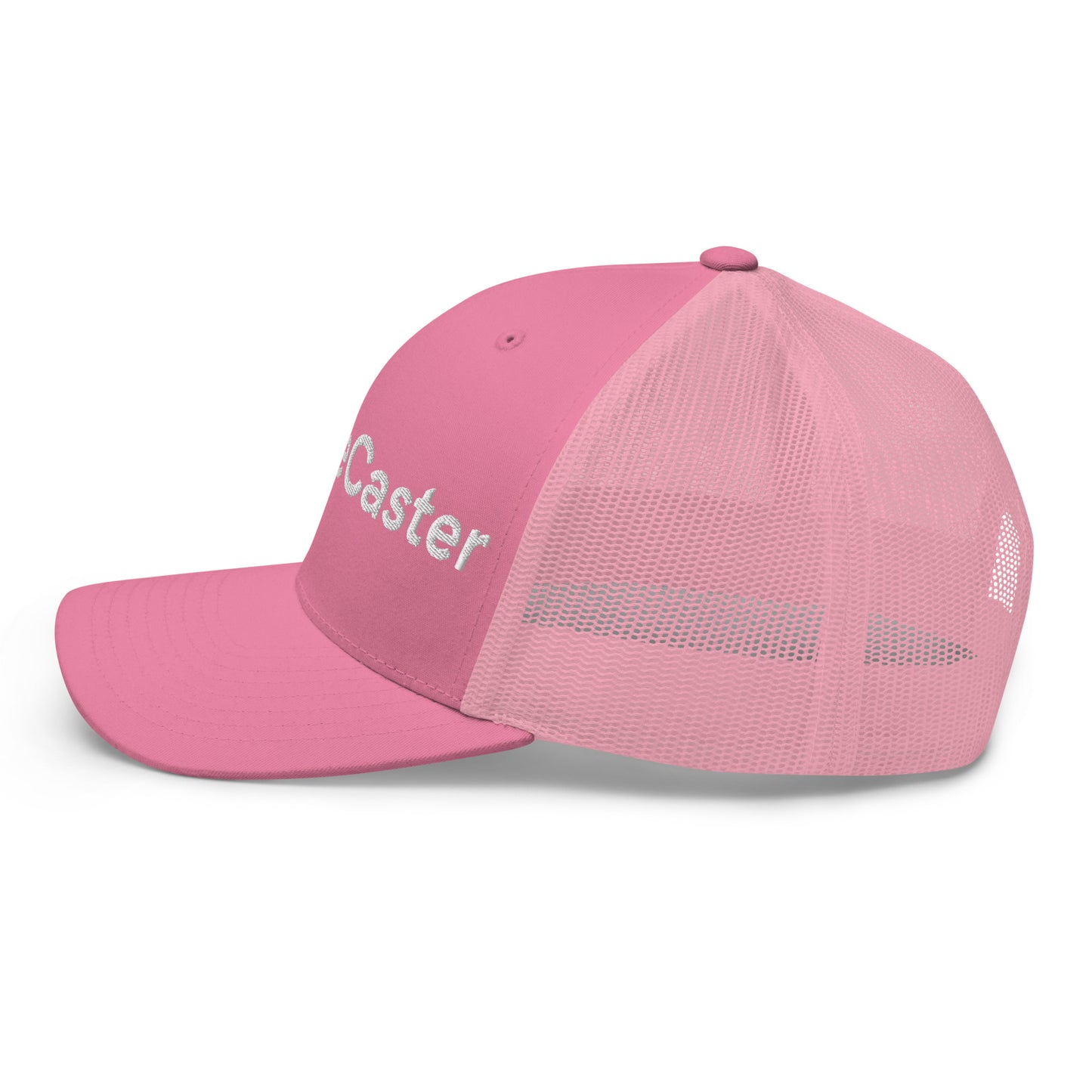 Side profile of pink TradeCaster trucker cap showing partial white puff "Caster" embroidery, mesh