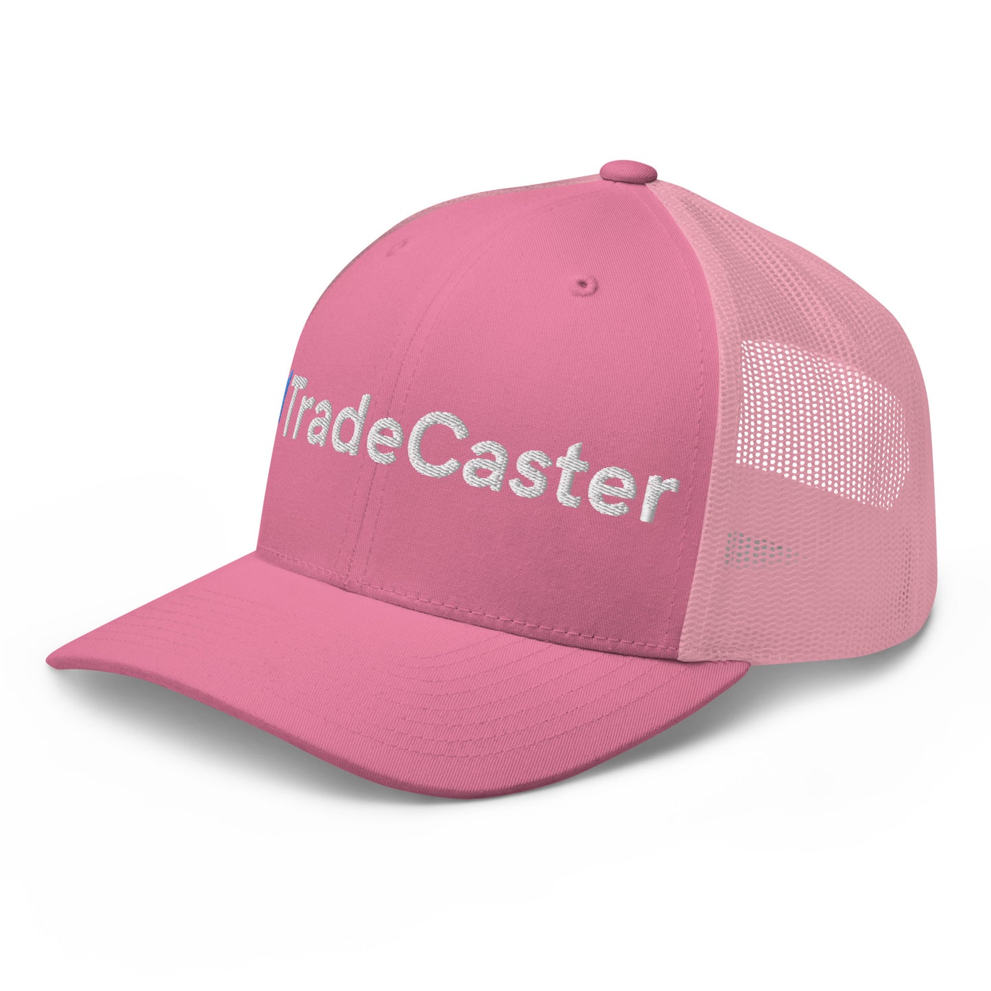 Front view of pink TradeCaster trucker cap with blue-accented white "||TradeCaster" embroidery