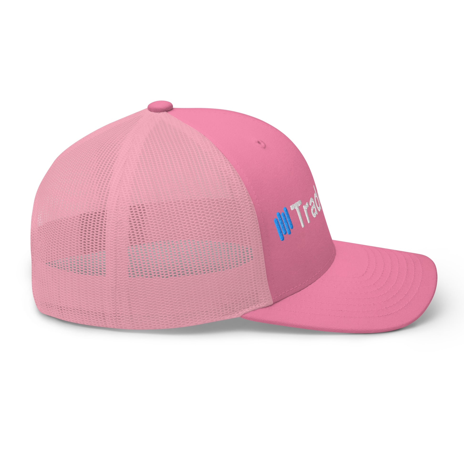 Right side angle of pink TradeCaster cap with blue "||Trade" puff details, mesh back