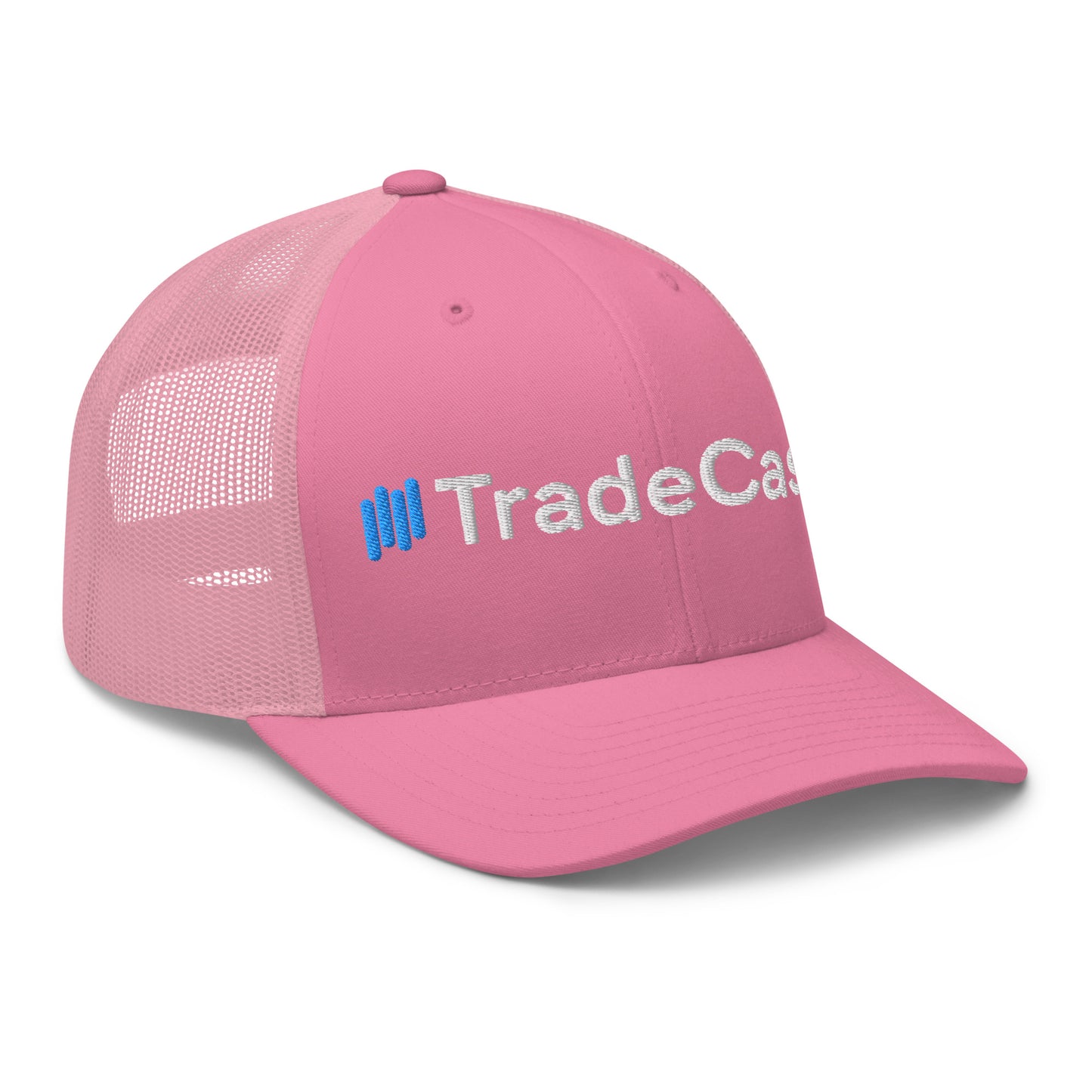 Left side view of pink TradeCaster trucker cap showing "||Trade" embroidery and mesh back
