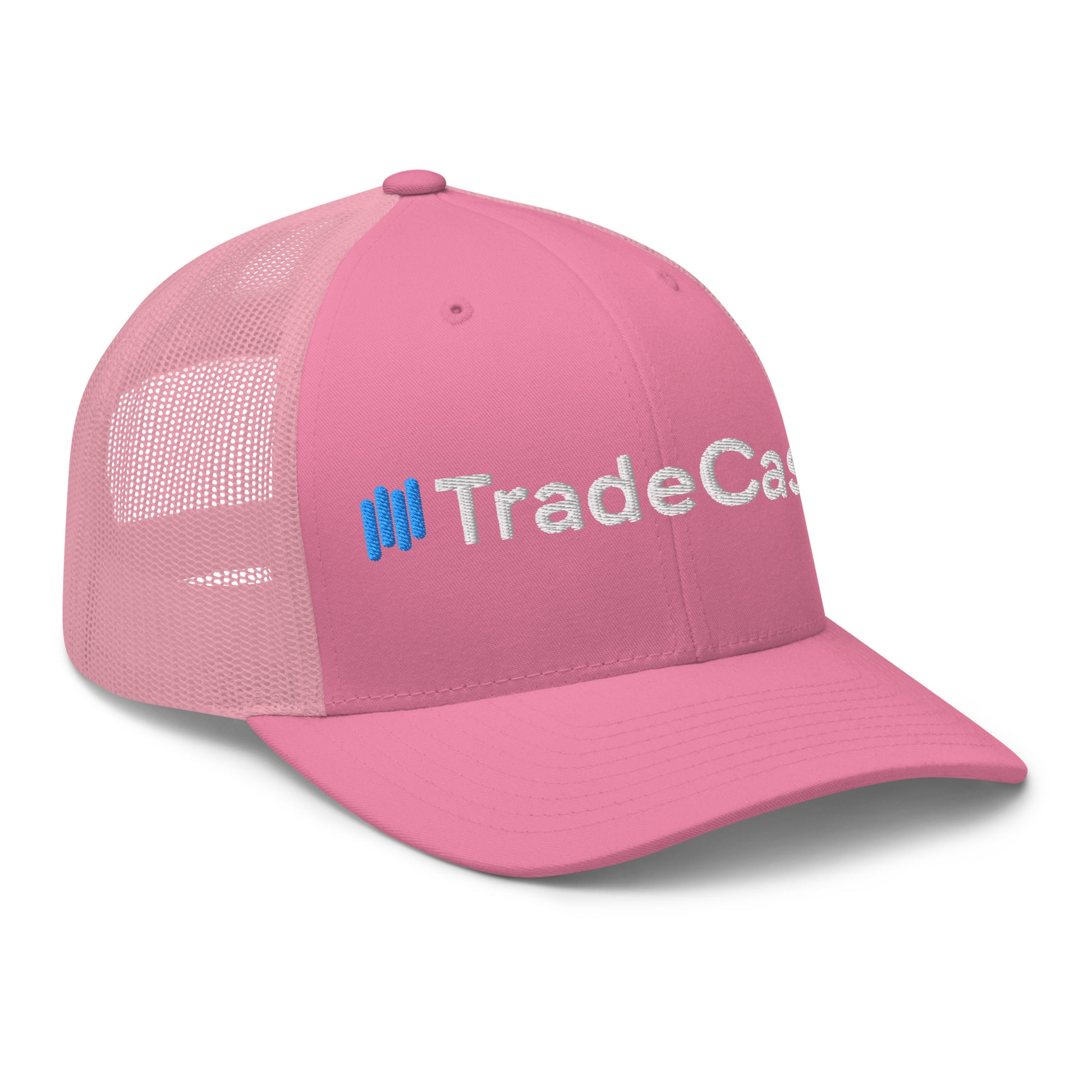 Left side view of pink TradeCaster trucker cap showing "||Trade" embroidery and mesh back
