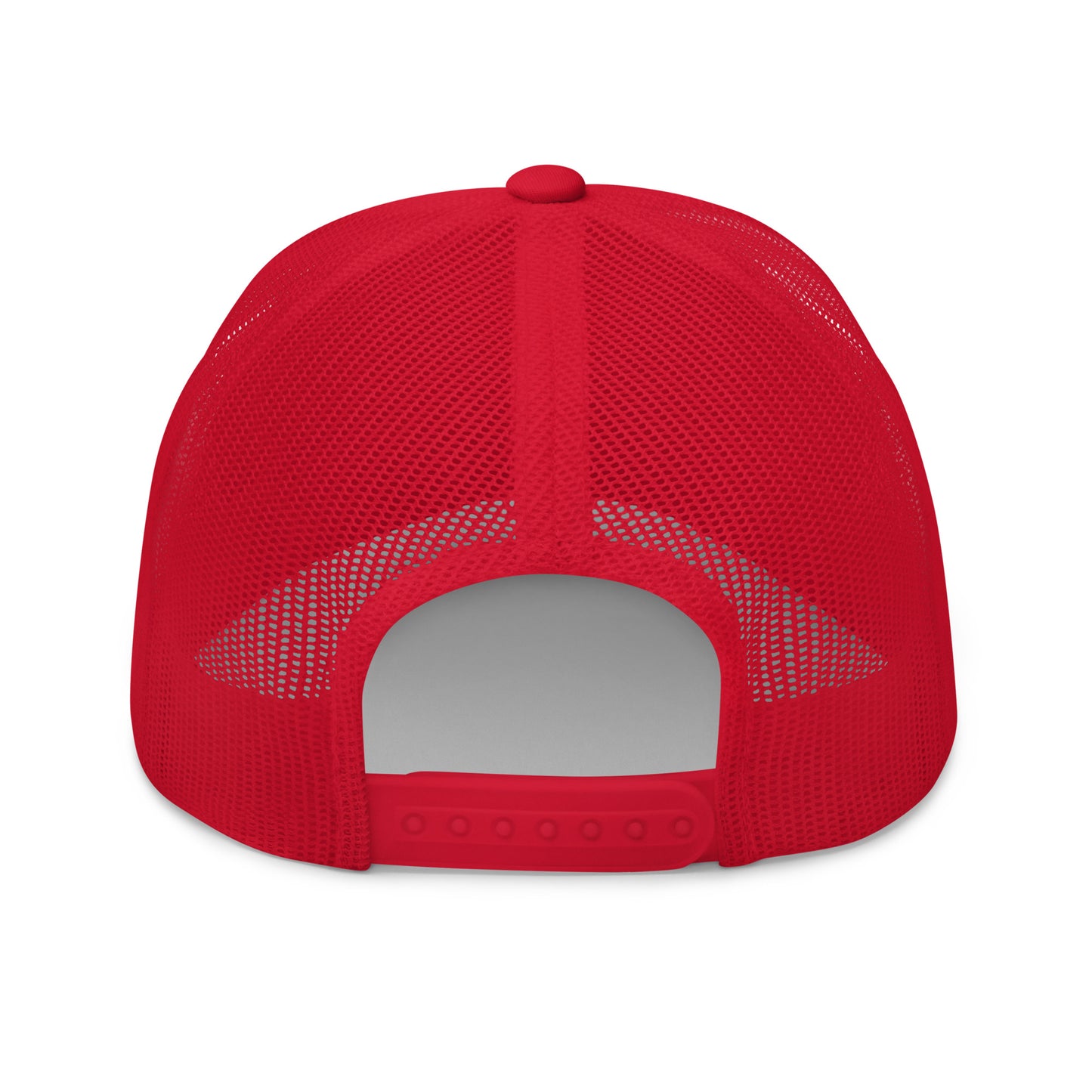 Back view of red trucker cap, breathable mesh panels, clean white snapback closure