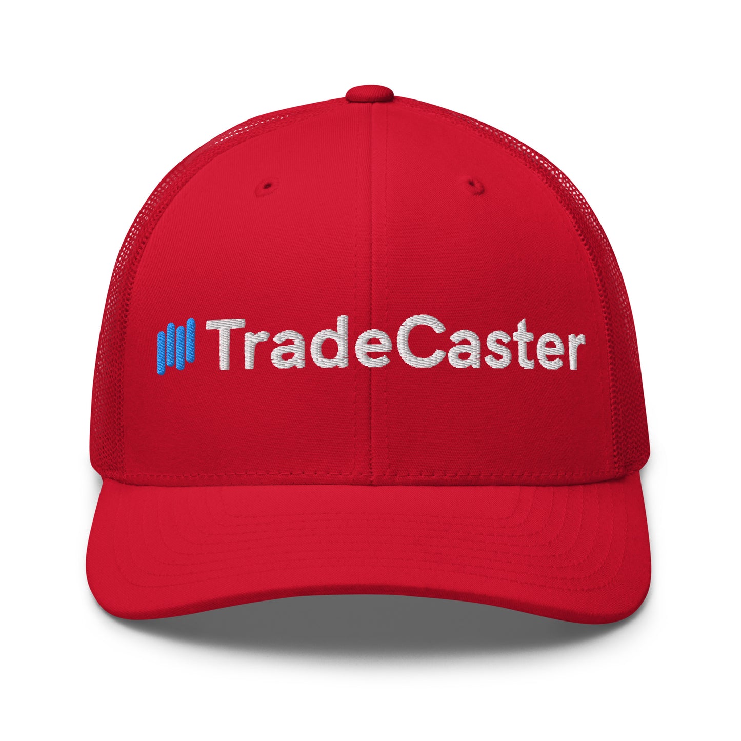 Front view of red trucker cap with bold 3D puff "||TradeCaster" embroidery—blue bars, white text standing tall