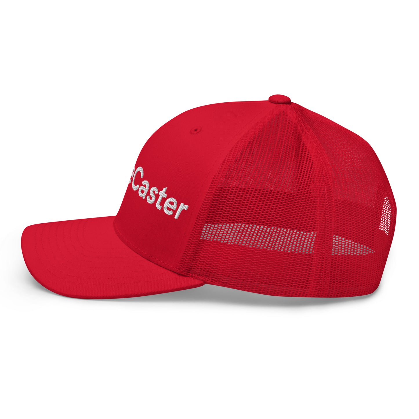 Close-up of white "TradeCaster" embroidery on red front panels of structured trucker cap