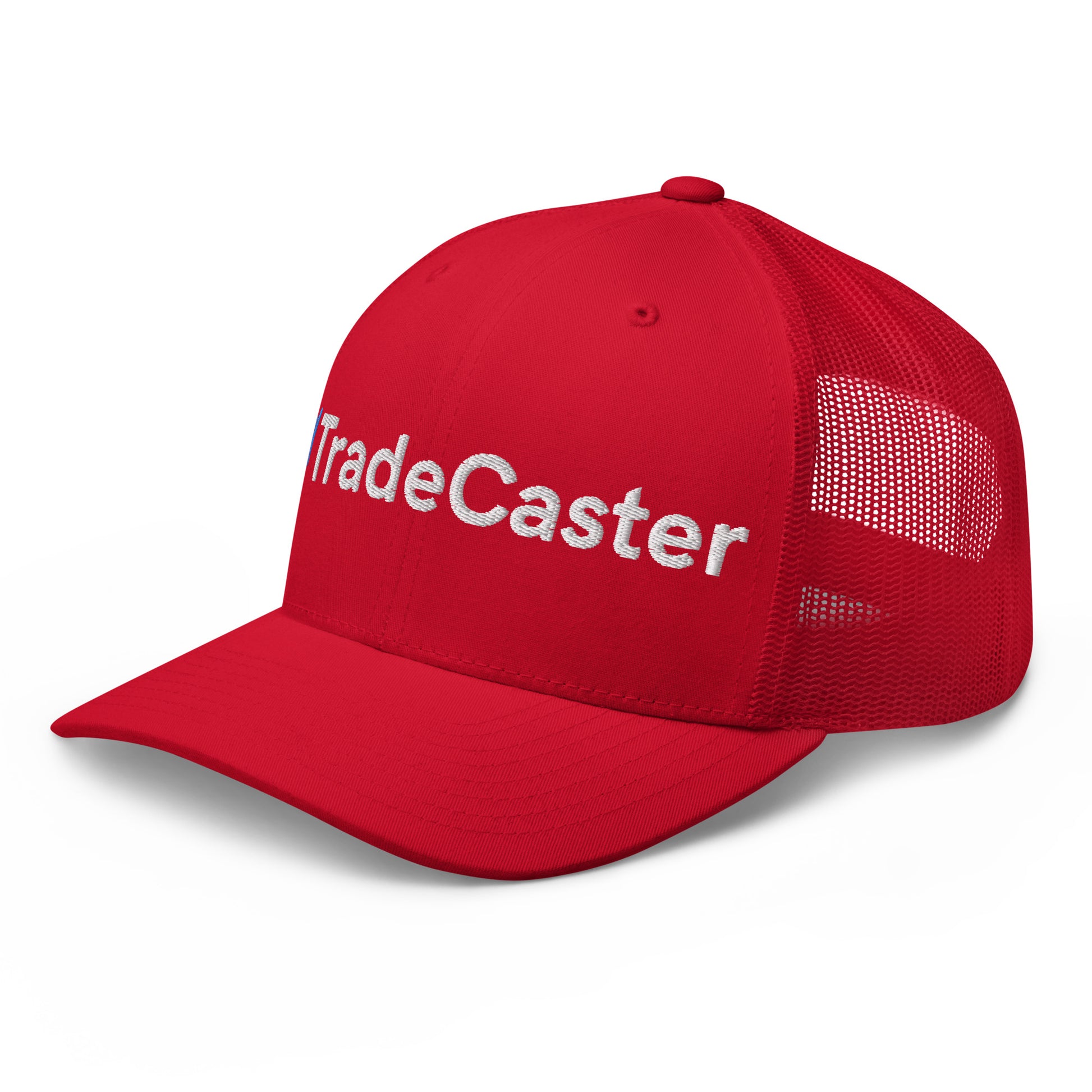 Right side view of red TradeCaster trucker cap, curved visor and mesh side panel