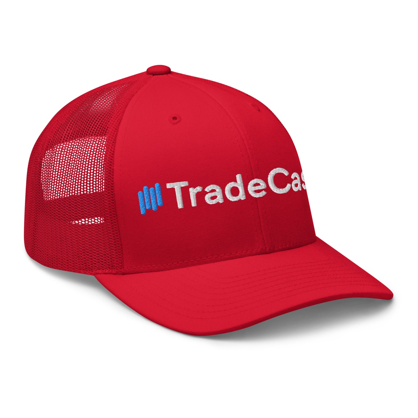 Left side profile of red trucker cap, full "TradeCaster" white 3D puff embroidery on structured front
