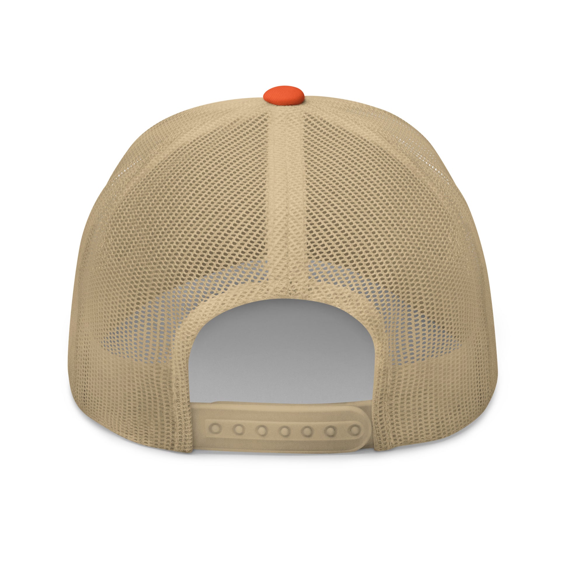 Back view of TradeCaster trucker cap, tan mesh panels and orange top button for that breezy highway flow
