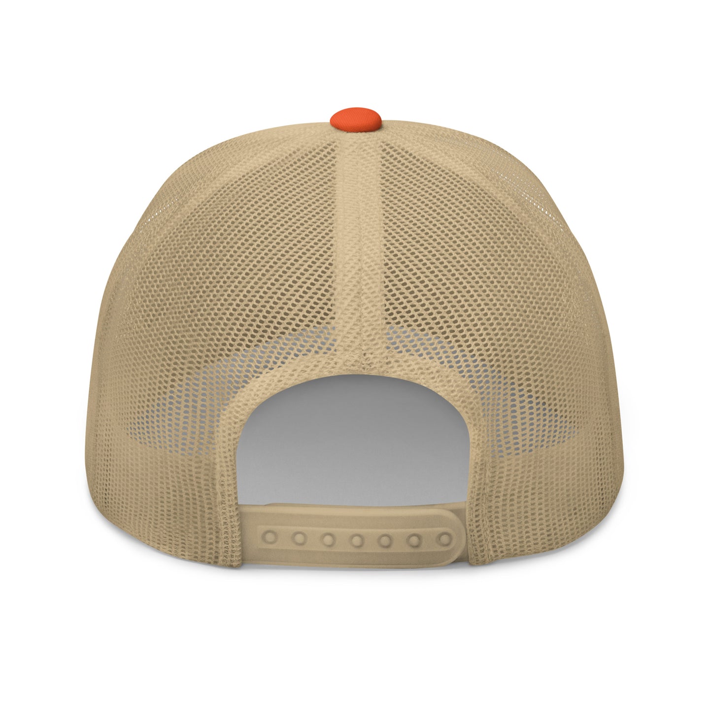 Back view of khaki mesh TradeCaster trucker cap with orange top button and snap closure