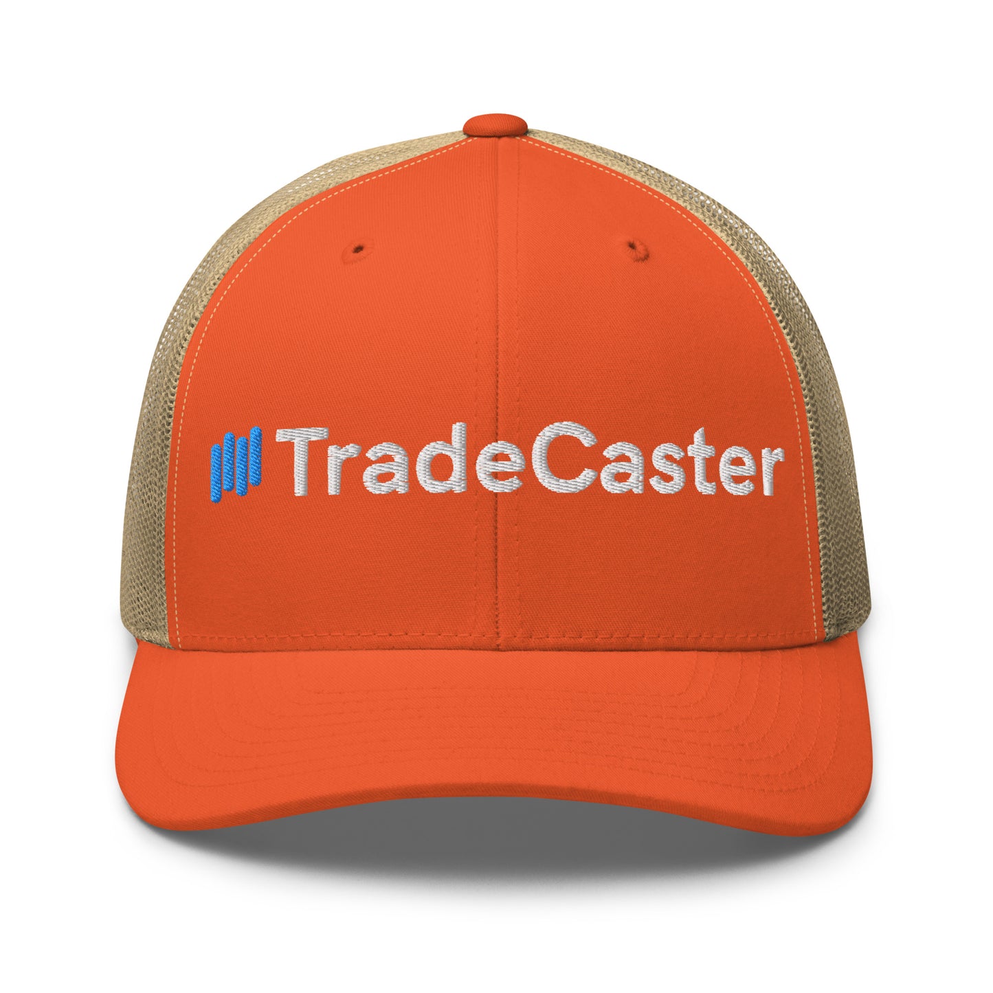Front view of orange TradeCaster trucker cap with blue bars and white 3D puff embroidery, khaki mesh back