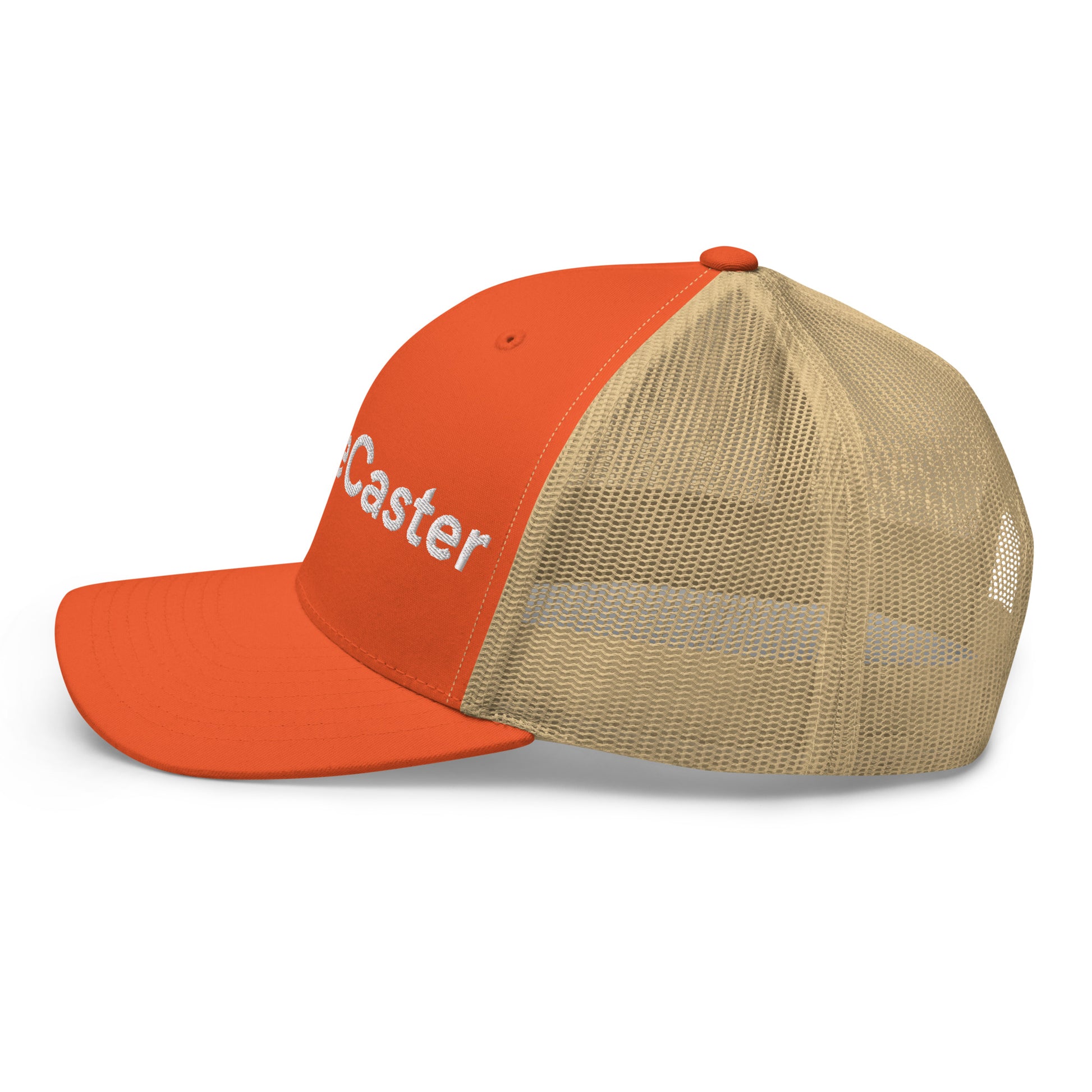 Side angle of orange TradeCaster trucker cap showing partial 3D puff embroidery and khaki mesh