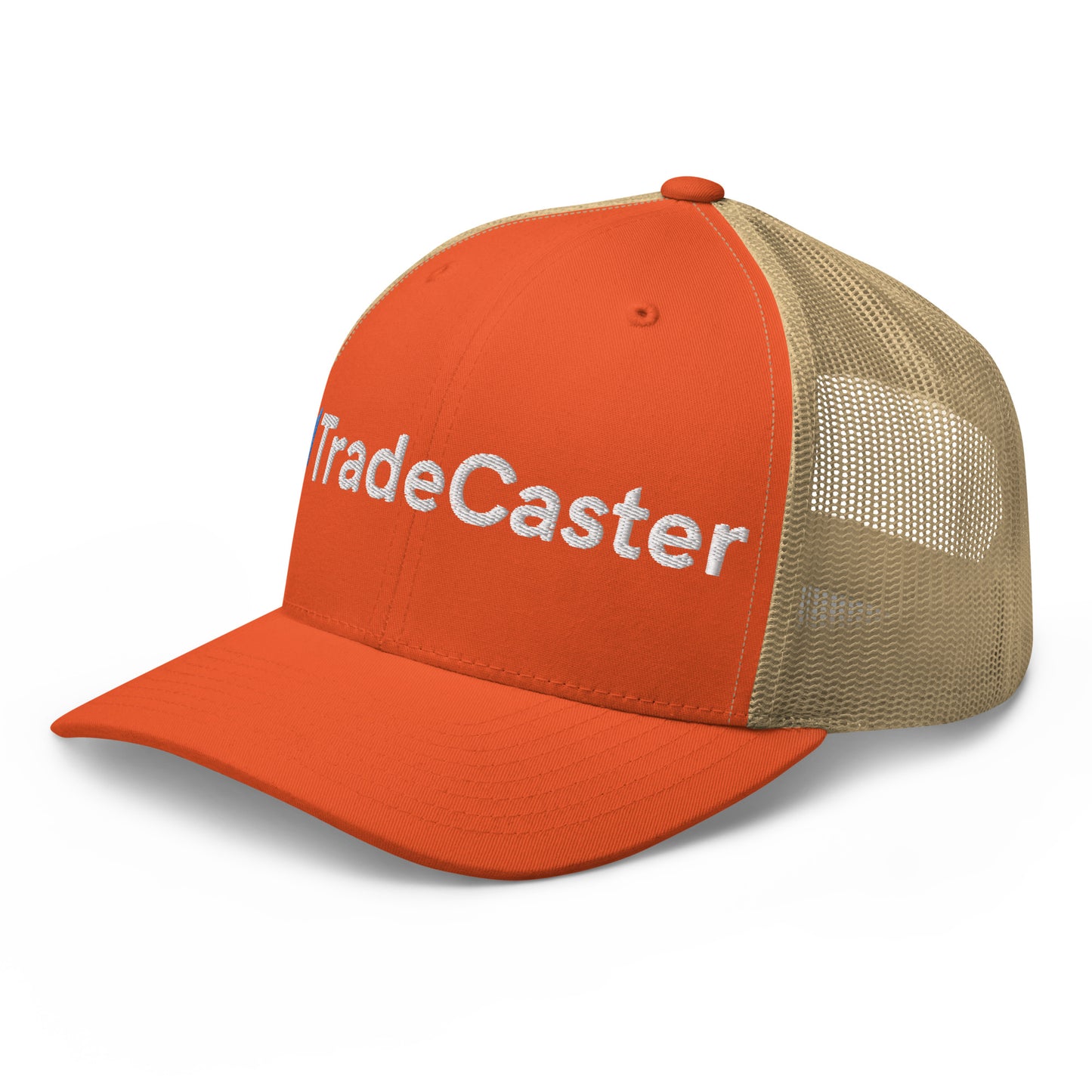 Profile view of orange front TradeCaster trucker cap with white puff text, khaki mesh panels