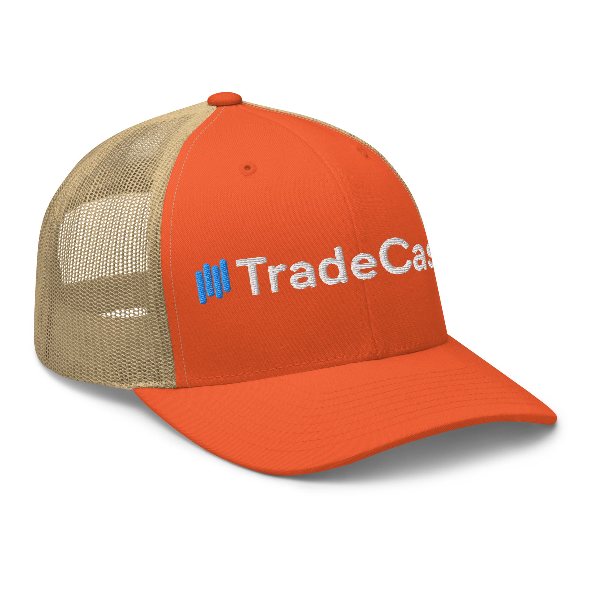Right side of orange TradeCaster cap highlighting blue bars in puff embroidery, khaki mesh back