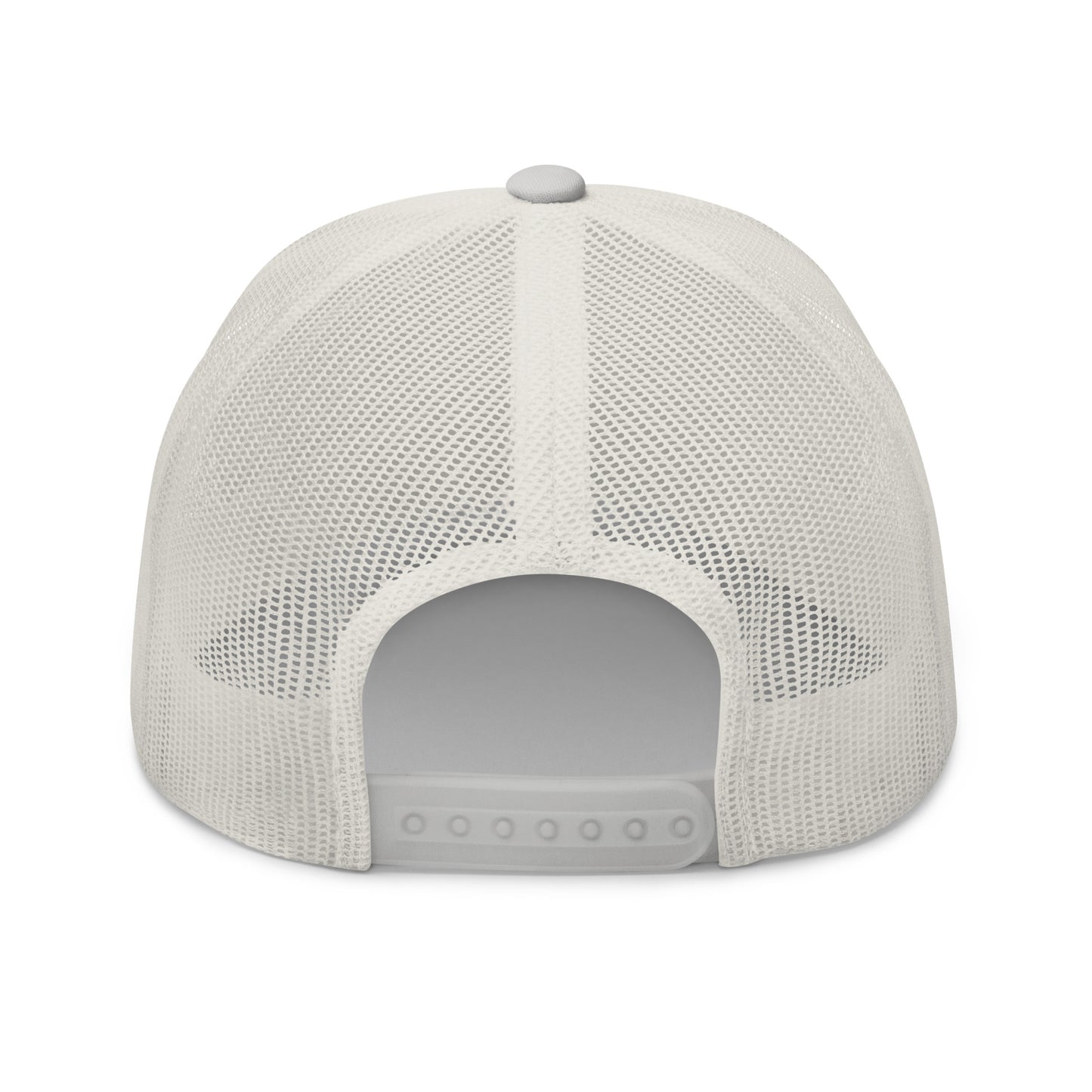 Back view of light heather gray trucker cap with white mesh panel and snap closure