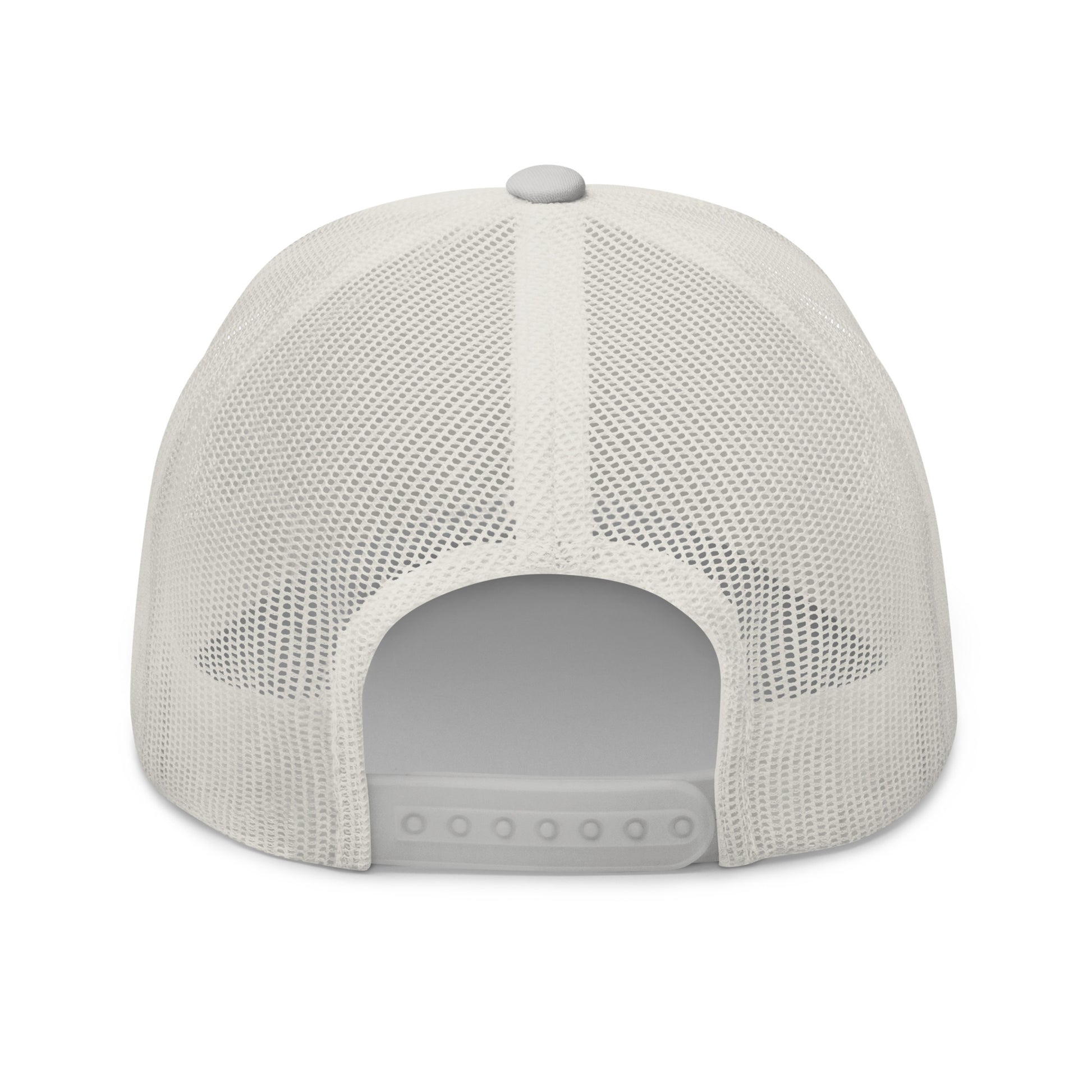 Back view of light heather gray trucker cap with white mesh panel and snap closure