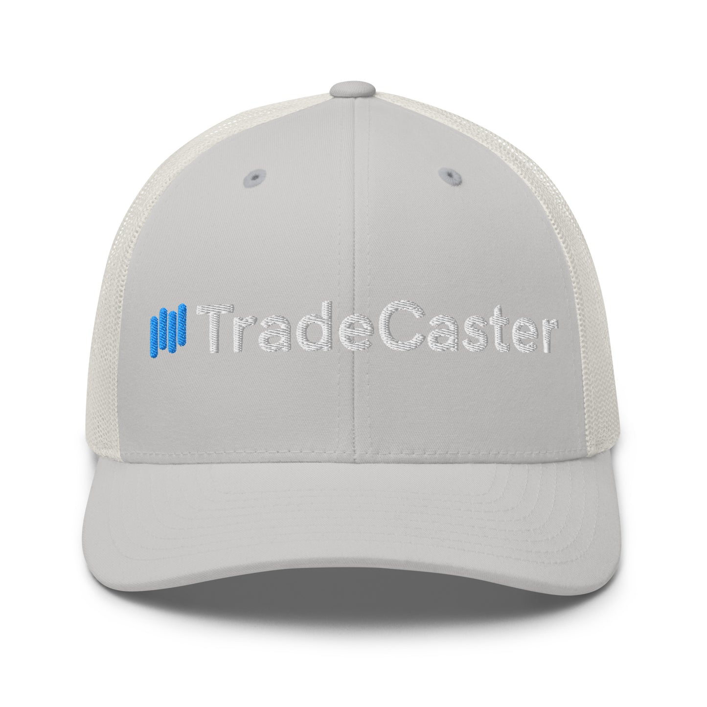 Front view of gray TradeCaster trucker cap with 3D puff white embroidery and blue accents on structured panels, white mesh back