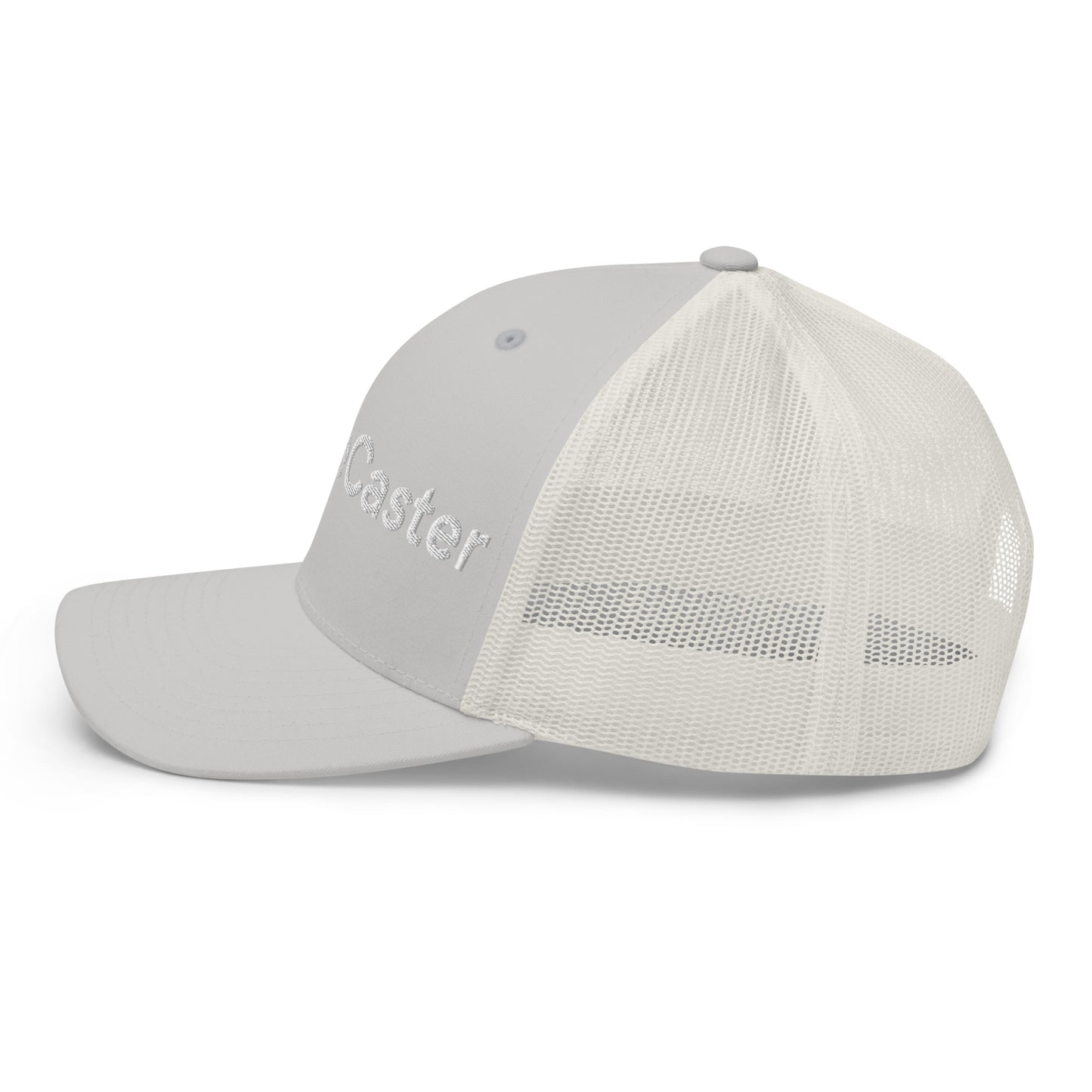 Right side view of gray trucker cap with partial "Caster" 3D puff embroidery, white mesh back, curved visor