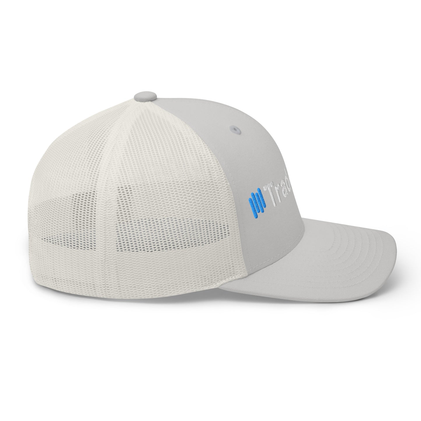 3/4 front-right view of gray TradeCaster trucker cap, full 3D puff embroidery with blue bars popping